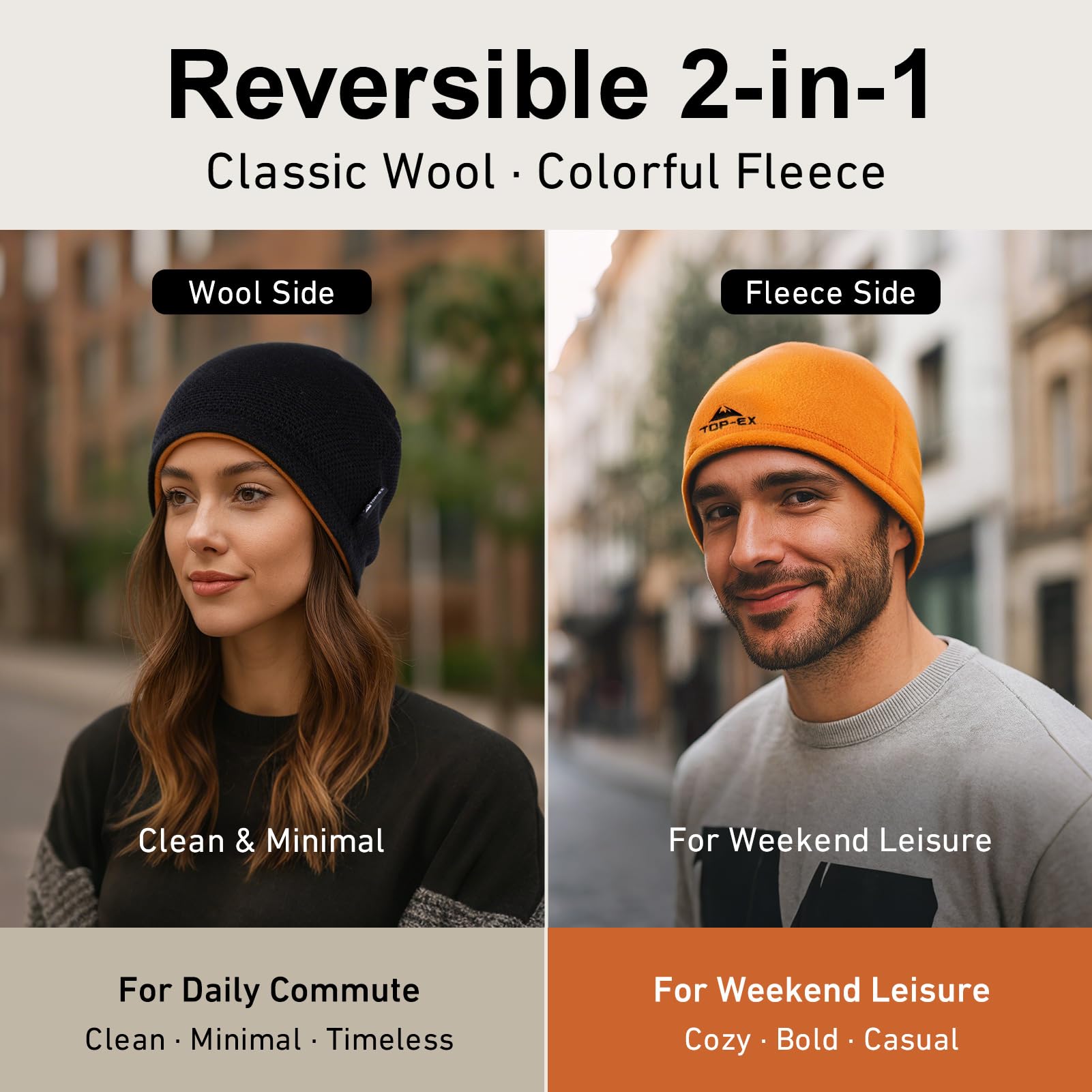 TOP-EX XL/XXL - Gorro de lana de invierno para hombre, gorro de punto reversible con forro polar cálido