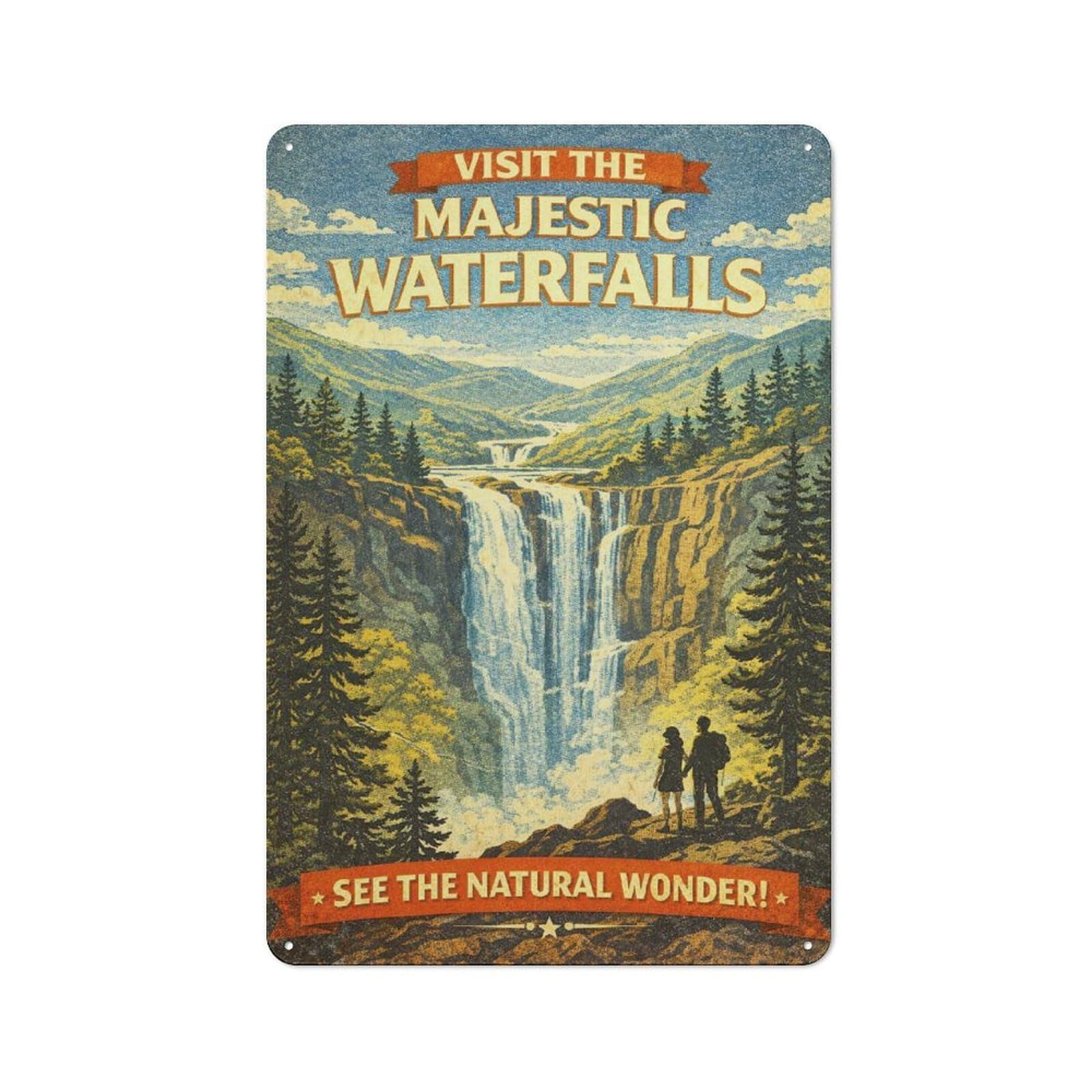 Cosy Majestic Waterfalls Vintage Travel Metal Plaque 30x20cm, Kitchen Wall Decor for Kitchen, Cafe, Pantry Or Dining Room