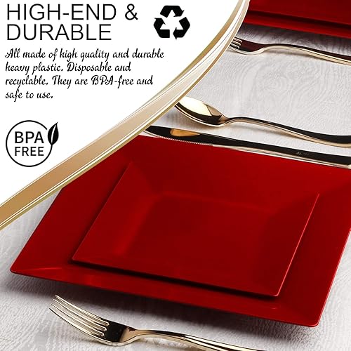 Miniatura 4 de Juego de vajilla de plástico desechable para 120 invitados, incluye platos cuadrados rojos elegantes, platos de postre/ensalada, juego de cubiertos