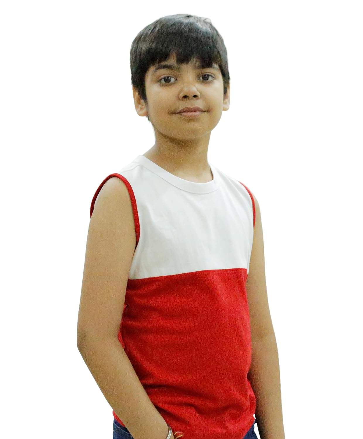Chombooka Kids Round Neck Cotton Sleeveless T Shirt | White+Red | Kids_White+Red_Sleeveless_Vest (Pack of 1)