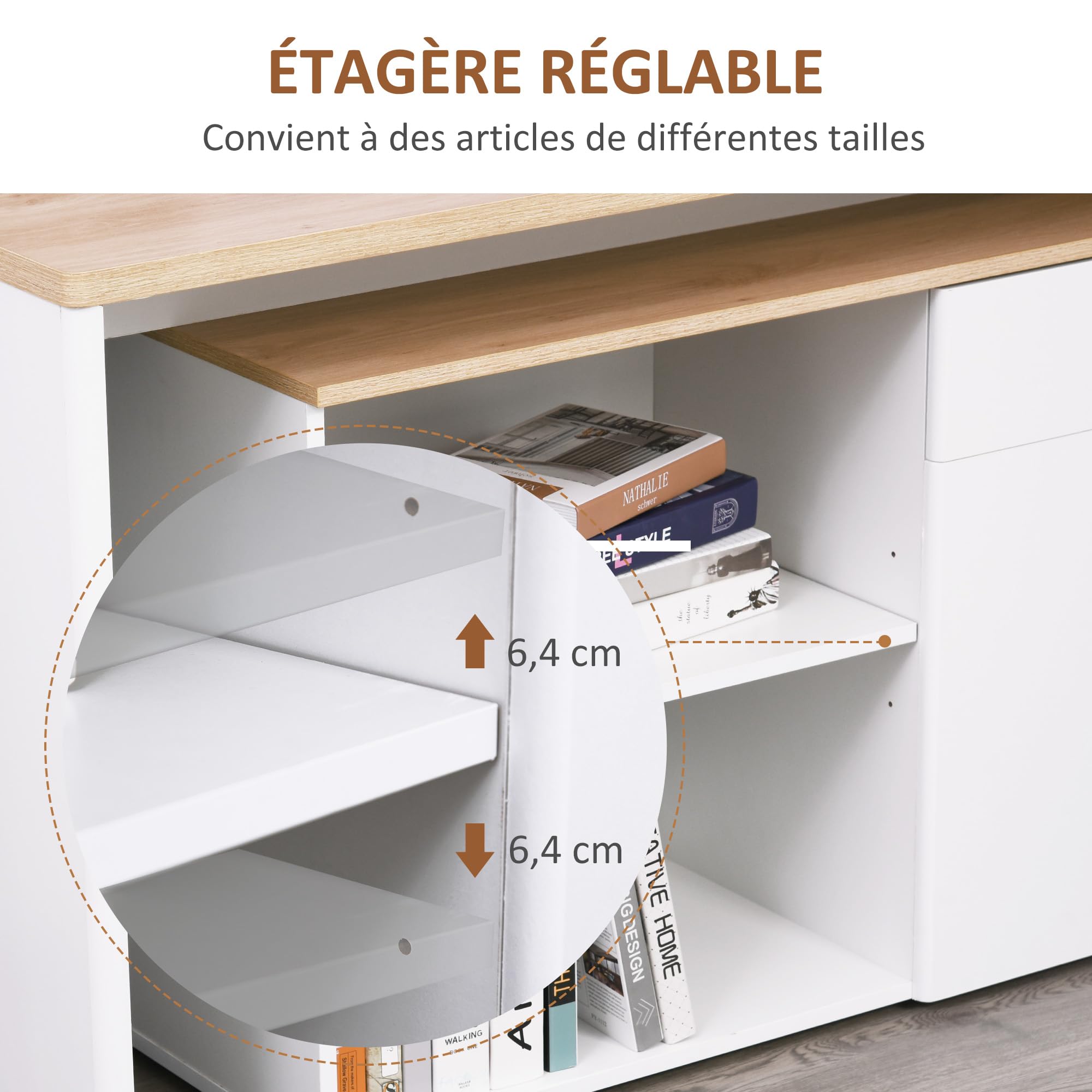 HOMCOM Bureau d'angle Modulable Multi-Rangements Placard Bois Clair Blanc