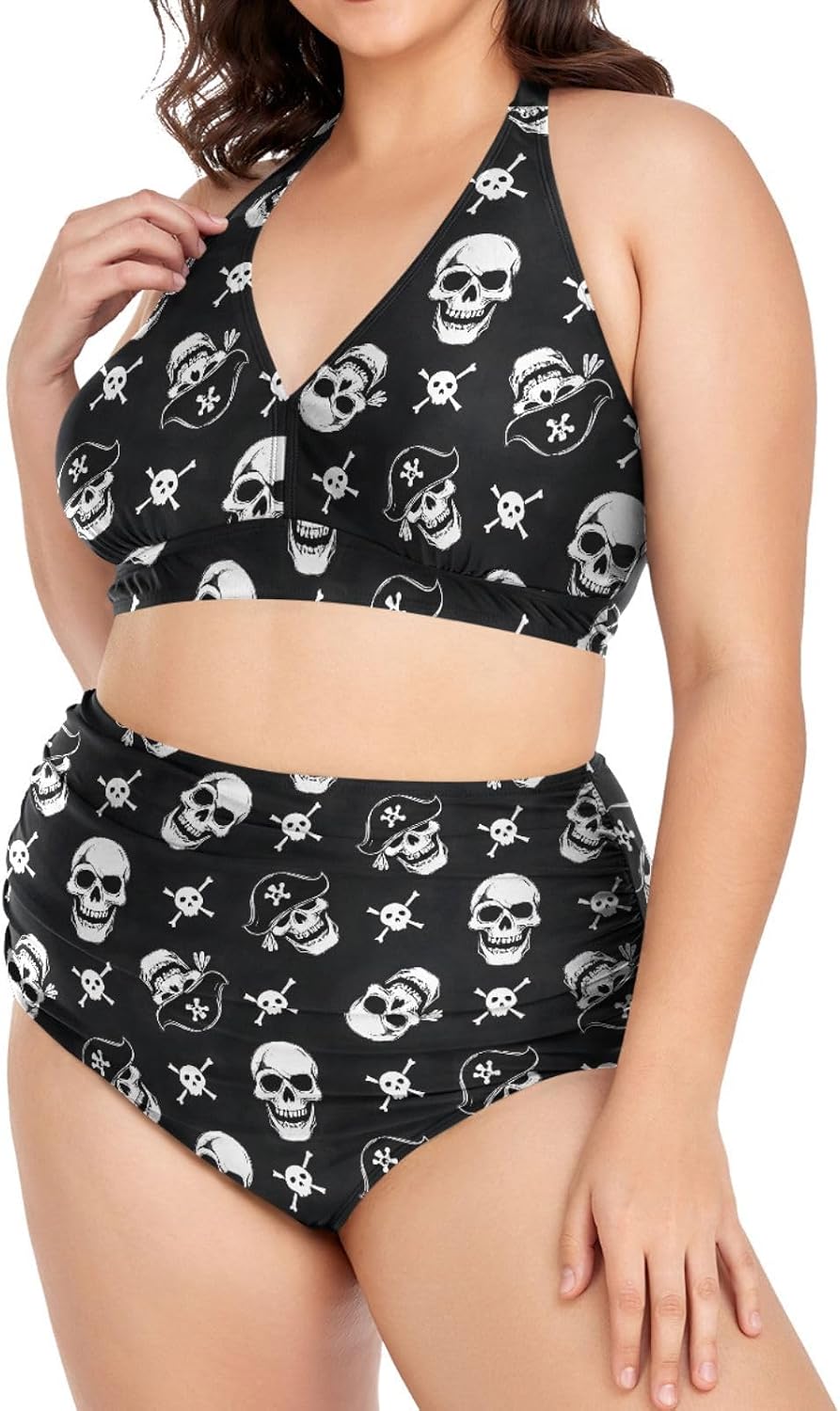 MNSRUU Plus Size Women's Bikini Sets Skull and Flower Bikini Sets for Women High Waisted Sexy Bikini Swimsuits