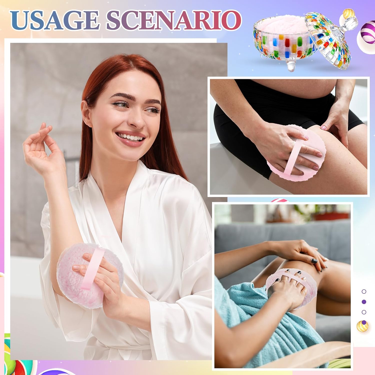 Tioncy 2 Pcs Extra Large Dusting Powder Puff and Container for Women-6'' Glass Crystal Dusting Powder Container with Body Soft Washable Reusable Velour Face(Clear,Classic)(Multicolor,Weave Design) - Image 6