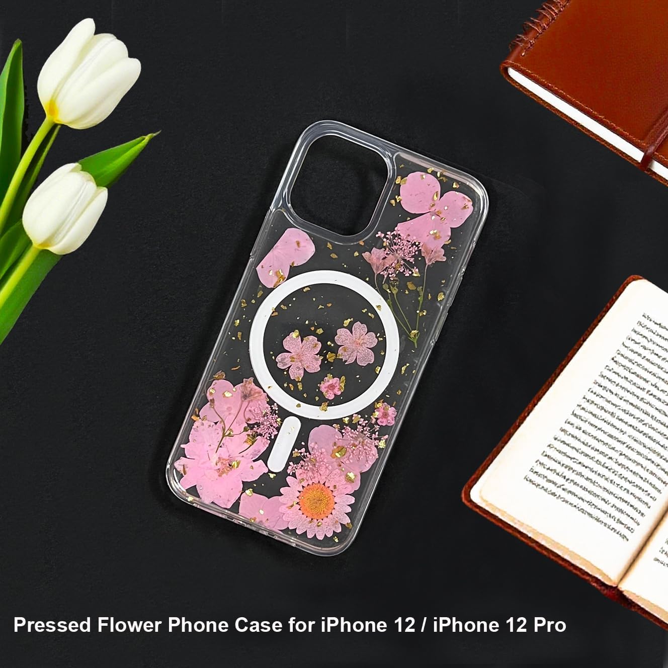 Magnetic for iPhone 12/12 Pro Case Compatible with MagSafe Clear with Real Pressed Flower Design Glitter Cute Grily Women Aesthetic Stylish Shockproof Protective Phone Cover (Dried Pink Floral)