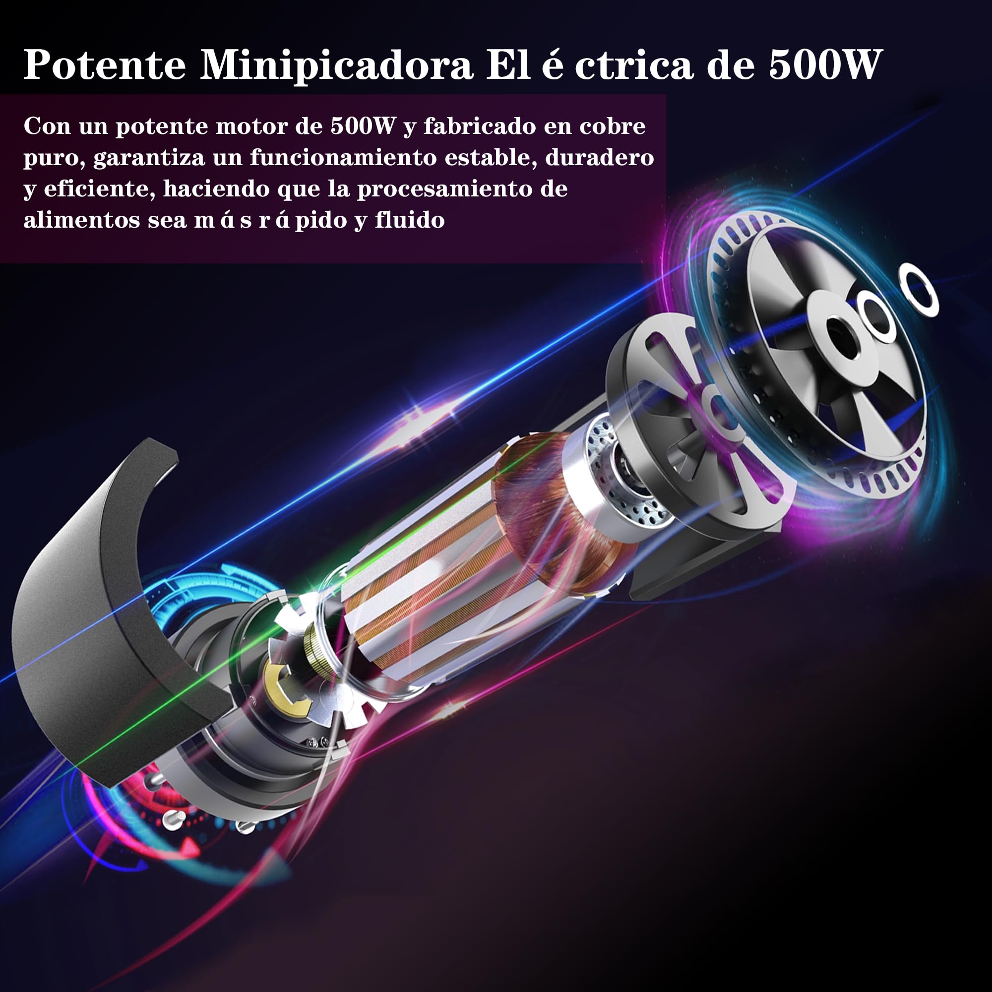 Picadora Eléctrica, 500W Trituradora de Alimentos, 2L Tazón Vidrio & Acero Inox, 4 Cuchillas, 2 Velocidades, con Motor Cobre Mini Food Processor Para Carne/Verduras/Cebolla/Frutas/Cocina