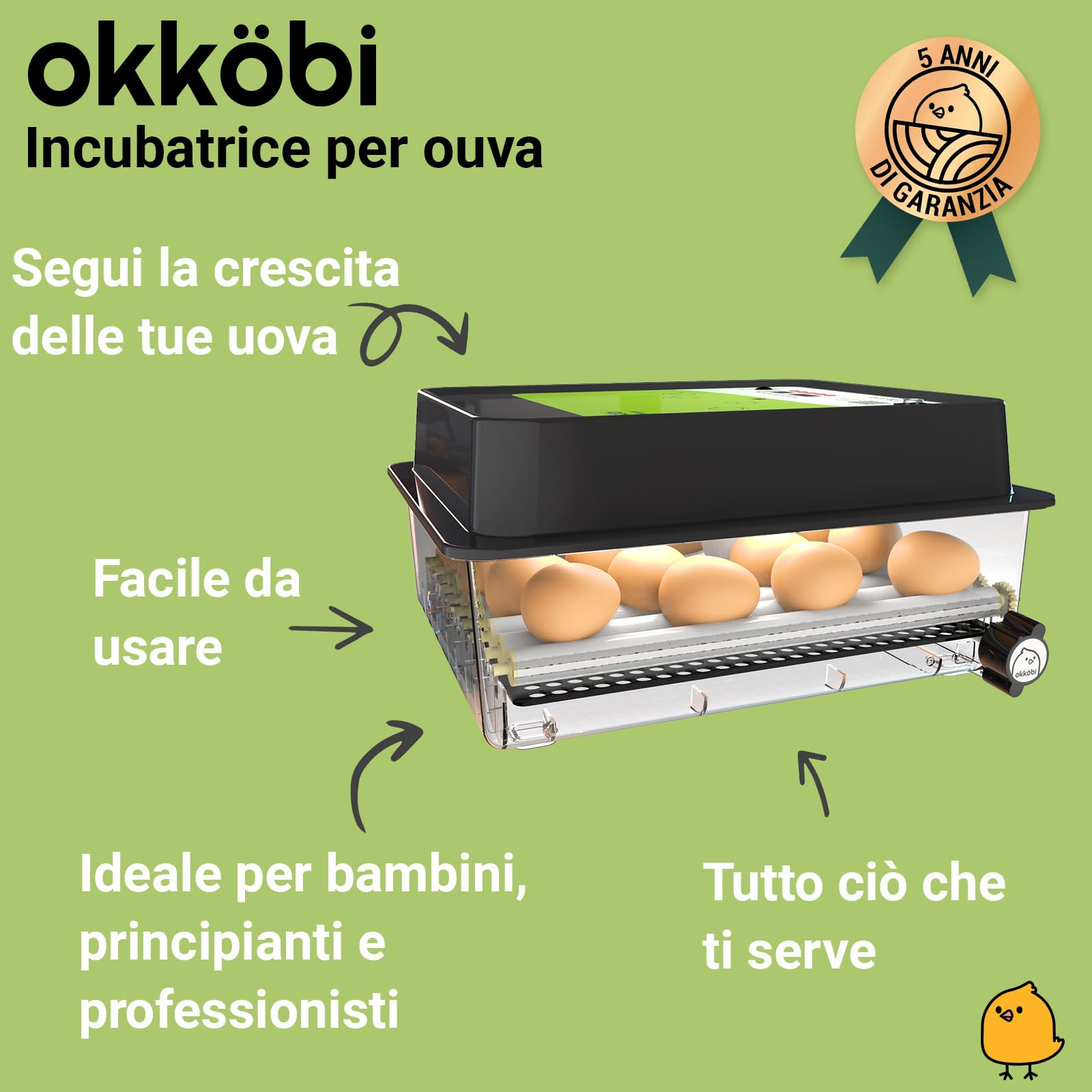 OBI-36 Incubatrice 36 uova per galline, papere e altri + NUOVE 2024 + Rotazione automatica + Controllo Temperatura + Indicatore Umidità + Candela per uova integrata + GARANZIA 5 ANNI