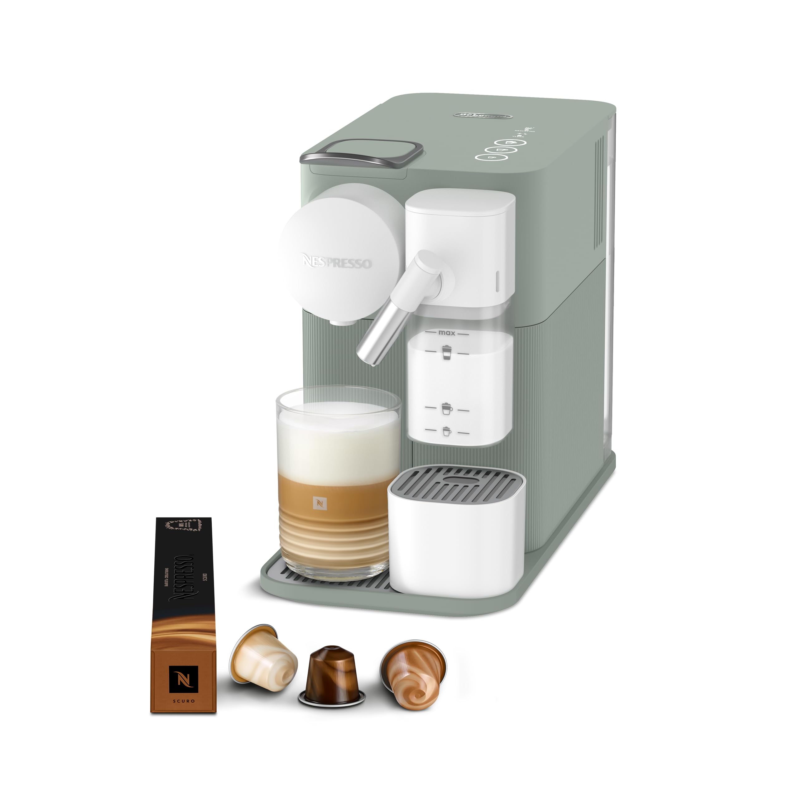 De'Longhi Nespresso Lattissima One Capsule Coffee Maker with Automatic Milk Frother, Cappuccino Function, 19 Bar, Fast Heating, Compact Design, Dark Sage (EN510.GR)