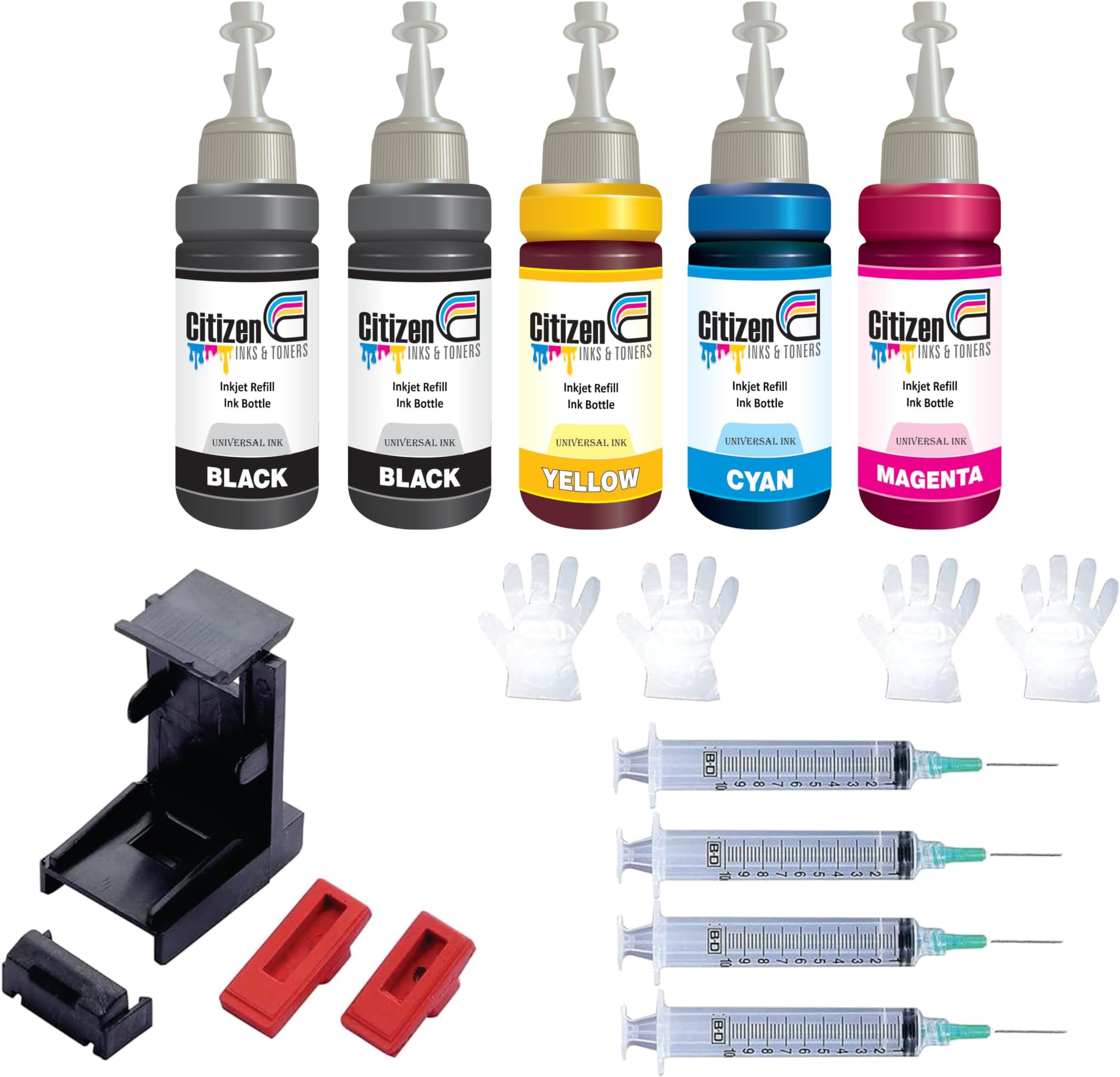 Refill Kit with Suction Tool Combo Pack of High Yield Inkjet Cartridge Ink Refill Compatible for HP and Canon Cartridge Printers - 100ml Per Bottle (5 Bottles Full Set)