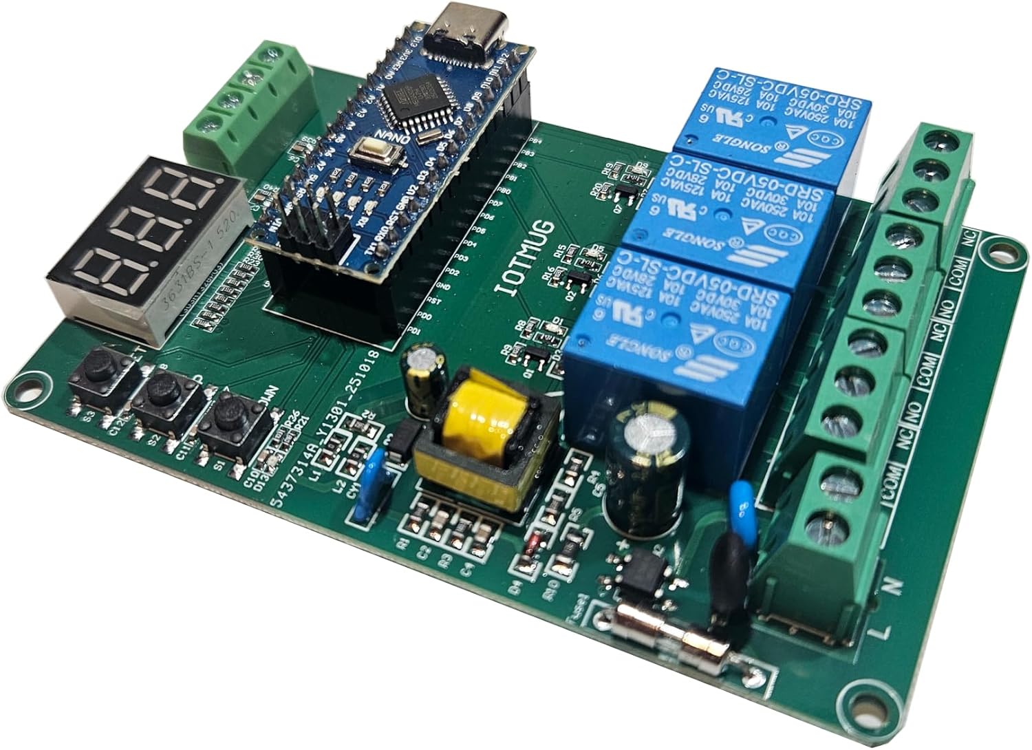 3 Way AC Light Chaser Controller Board, 110–240VAC, 99 Built-in Modes, Up to 999s Adjustable Timer, 3-Digit Display, Memory Save, External Start/Pause Inputs, for Home and Garden Bulbs