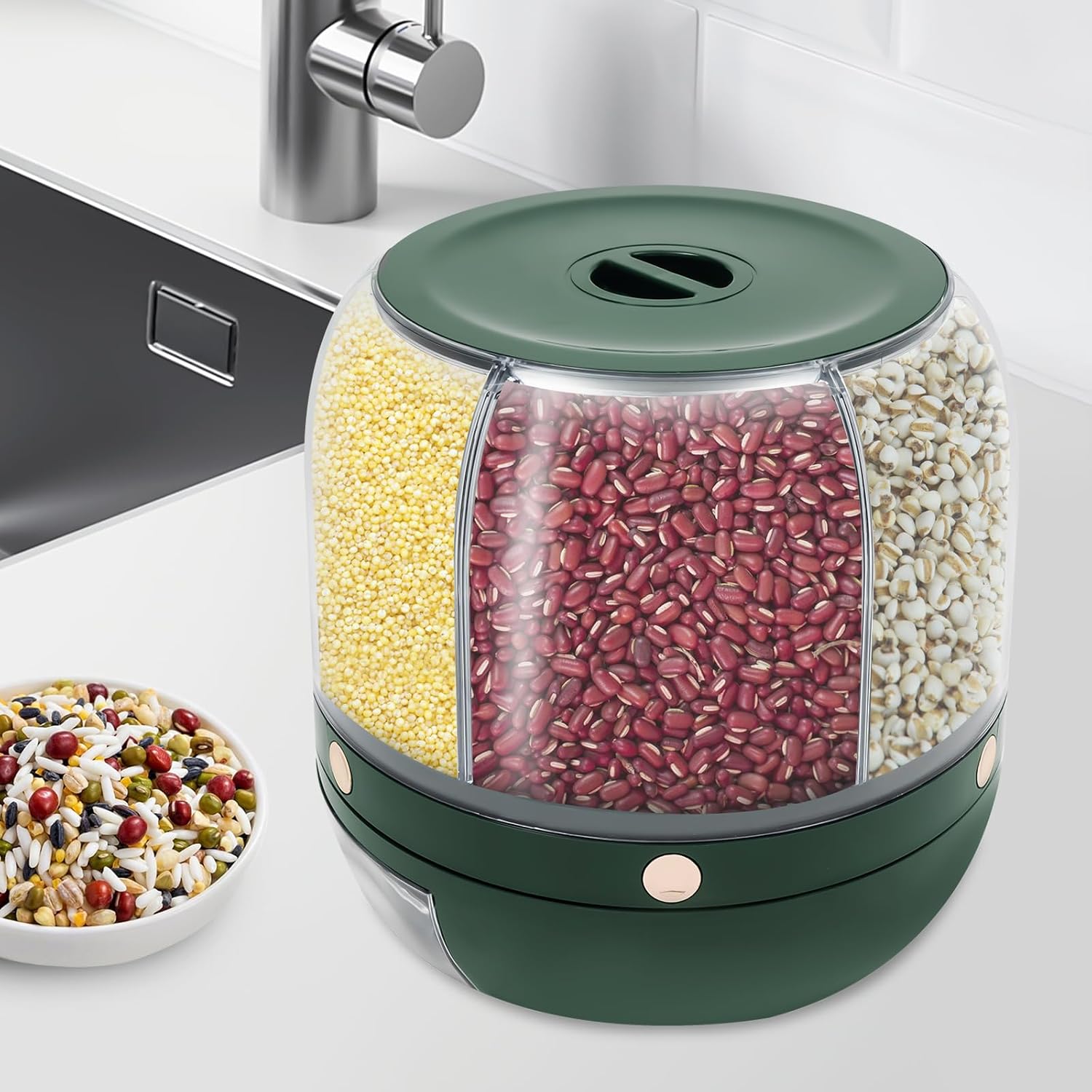 Rice Grain Dispenser, 360°Rotating 6 Grid Food Dispenser 13lbs Rice and Grain Storage Container, Dry Food Dispenser Measuring Cylinder with Lid Food Storage Container Tank for Home (Dark green)