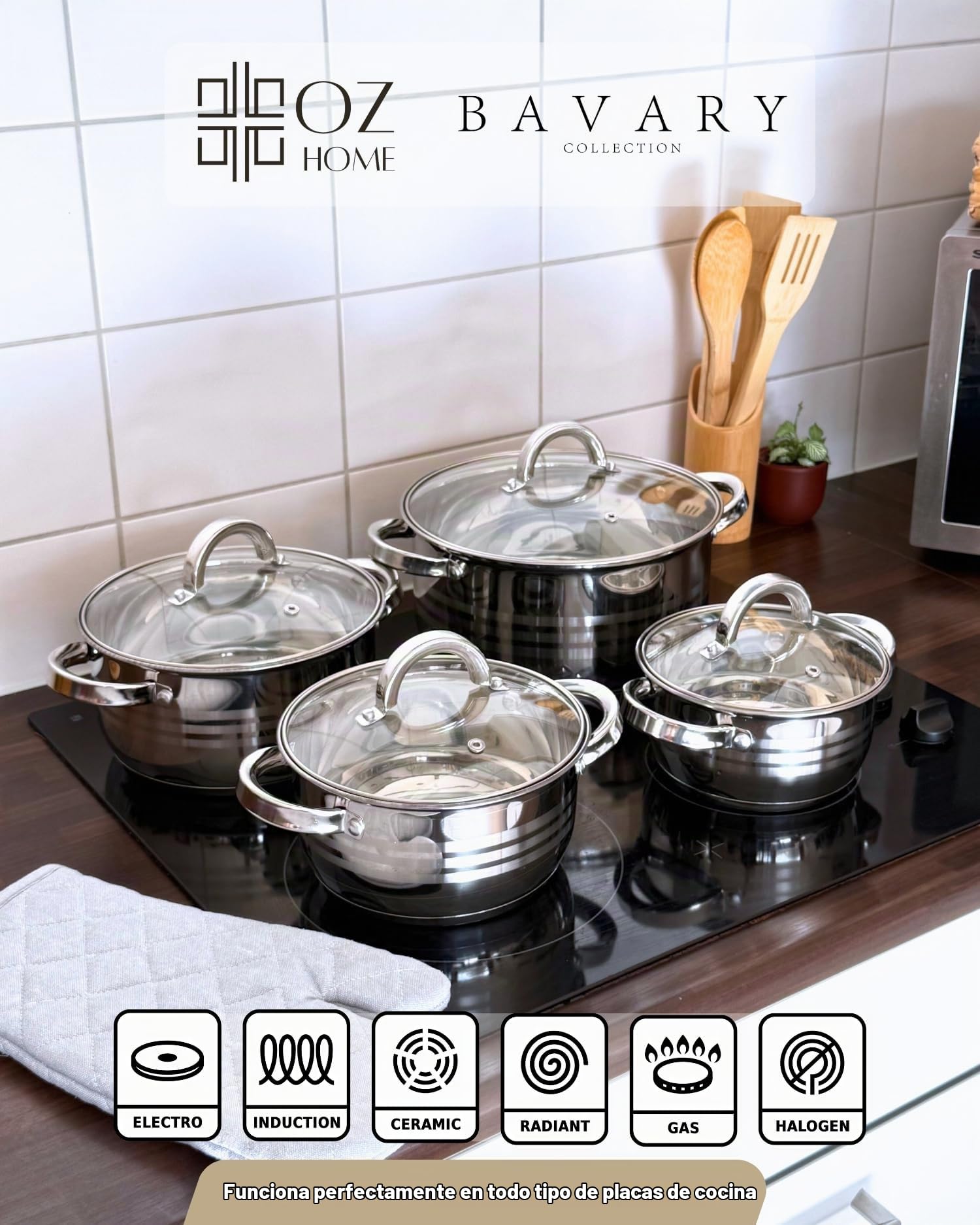Bavary Bateria De Cocina 8 Pzs - Juego De Ollas Y Sartenes, 18/10 Ollas Acero Inoxidable - Cacerolas De Cocina Induccion - Cazo Cocina, Tapas Vidrio,Capsulado,Eco,Apilable - Todo Fuego Ceran/Gas