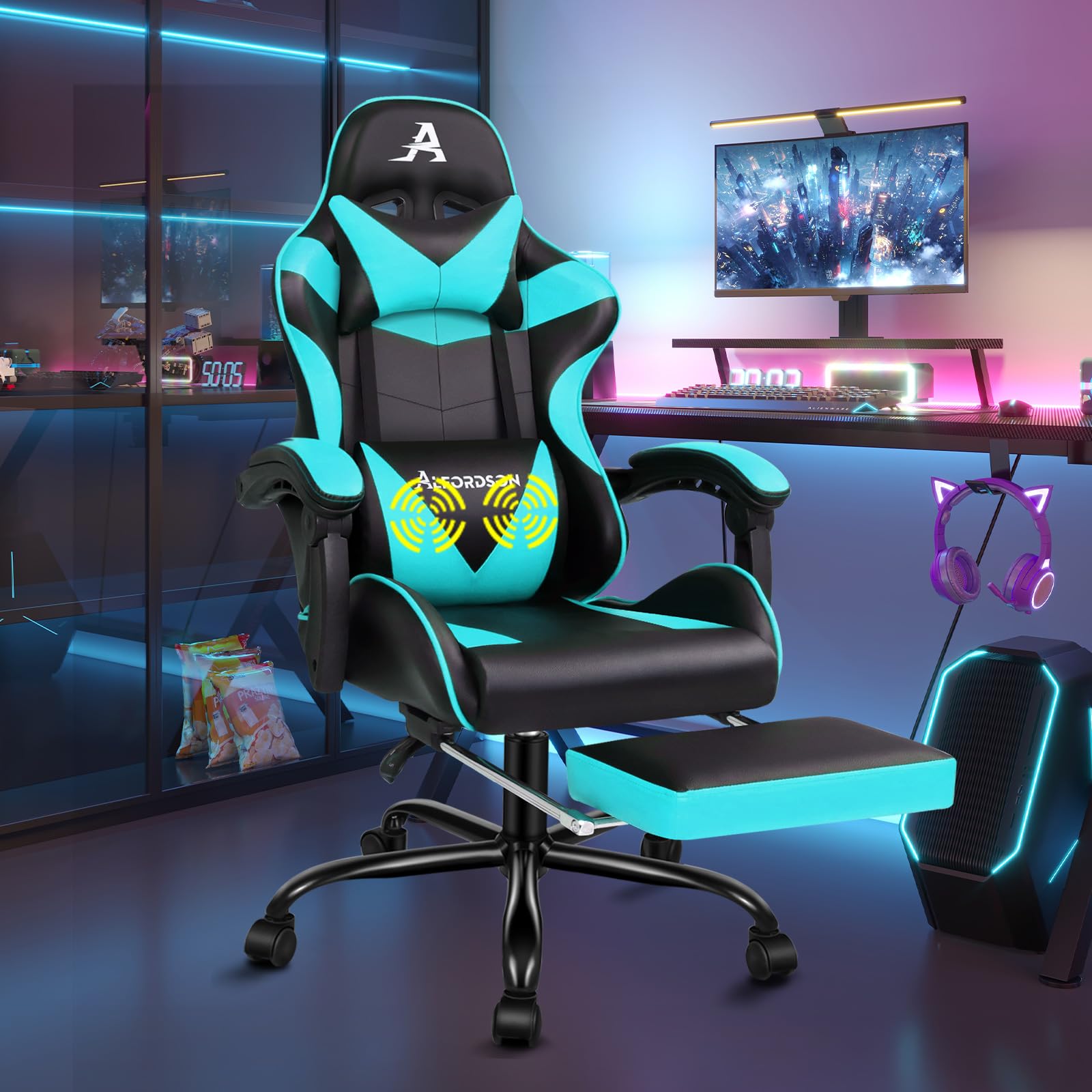 ALFORDSON Silla Gaming Escritorio con Masajeador, Silla Gamer Ergonómica Cojín Lumbar y Cervical, Reposapiés Retráctil, Ruedas Giratorias 360°, para Oficina, Videojuego, Ordenador, Cuero PU(Cian)