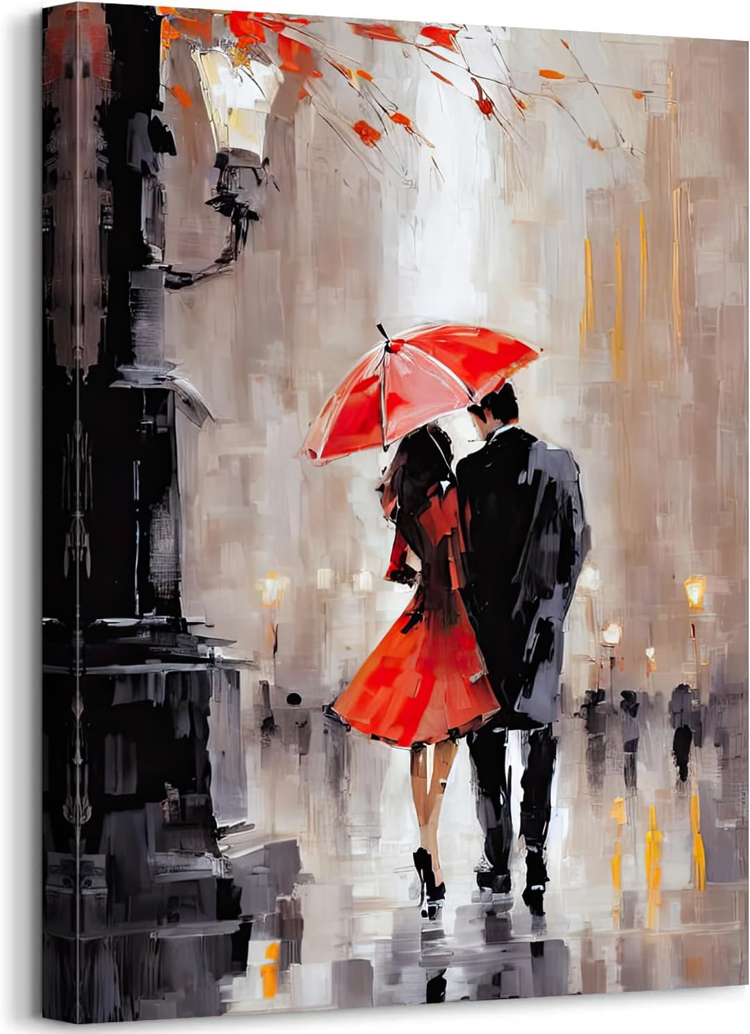 GLOKAKA Romantic Wall Art Modern Romantic Couple Walking in Street Wall Art City View Landscape Contemporary Oil Painting on Canvas Artwork for Bedroom Living Room Office Decor