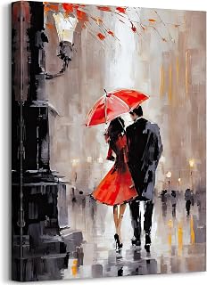 Romantic Wall Art Modern Romantic Couple Walking in Street Wall Art City View Landscape Contemporary Oil Painting on Canvas Artwork for Bedroom Living Room Office Decor