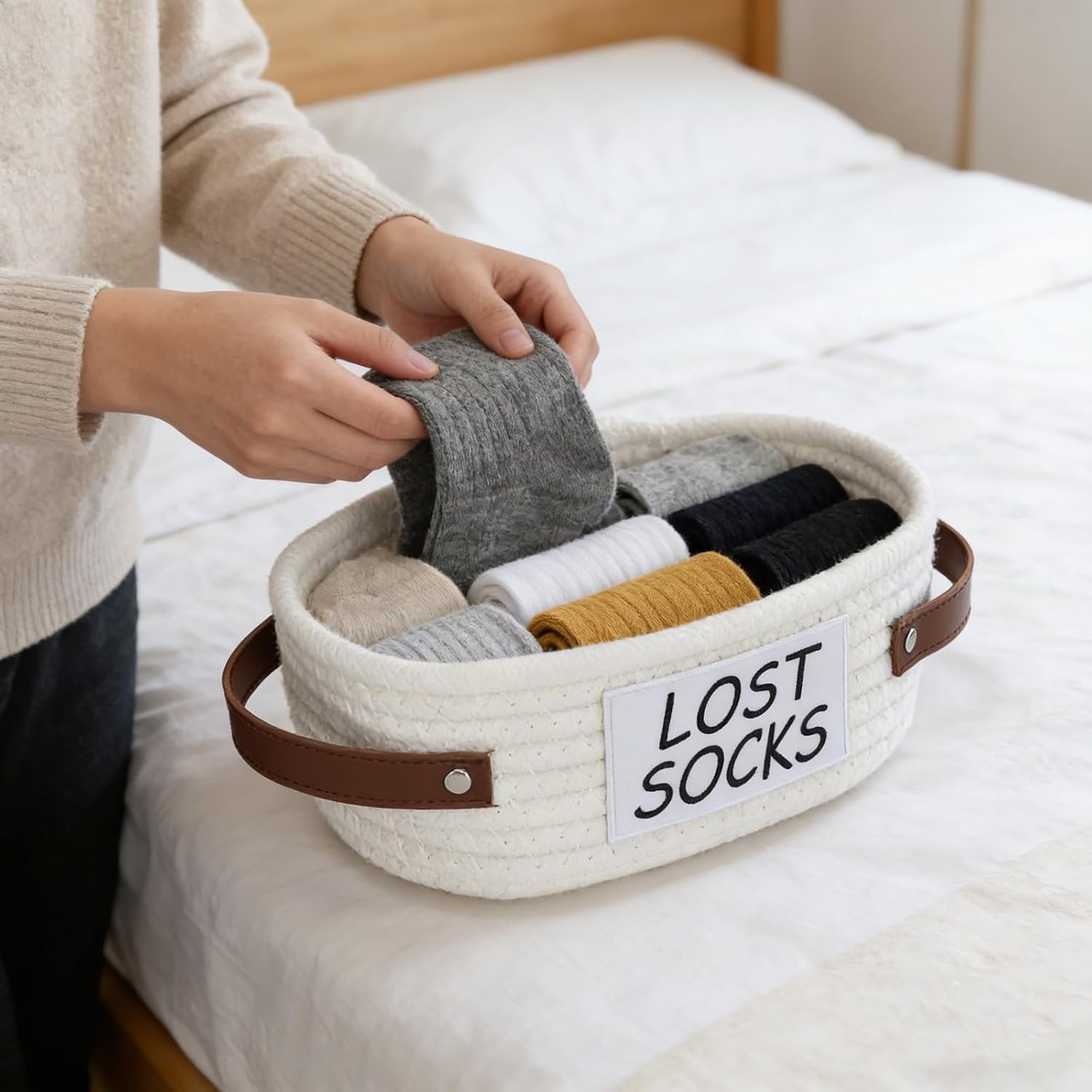 Lost Socks Basket for Laundry Room, Cotton Rope Sock Basket with Handles, Large Woven Storage Bin for Unmatched Socks, Laundry Room Organization and Decorative Home Storage Box,White