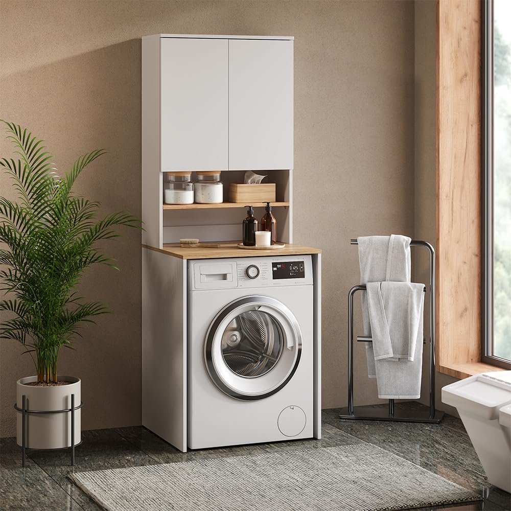 Vicco Armoire Machine à Laver Viktor, Blanc/Artisan, 68x88.2cm 2 pièces avec étagère, Convient pour Le Rangement de lessive et de Serviettes