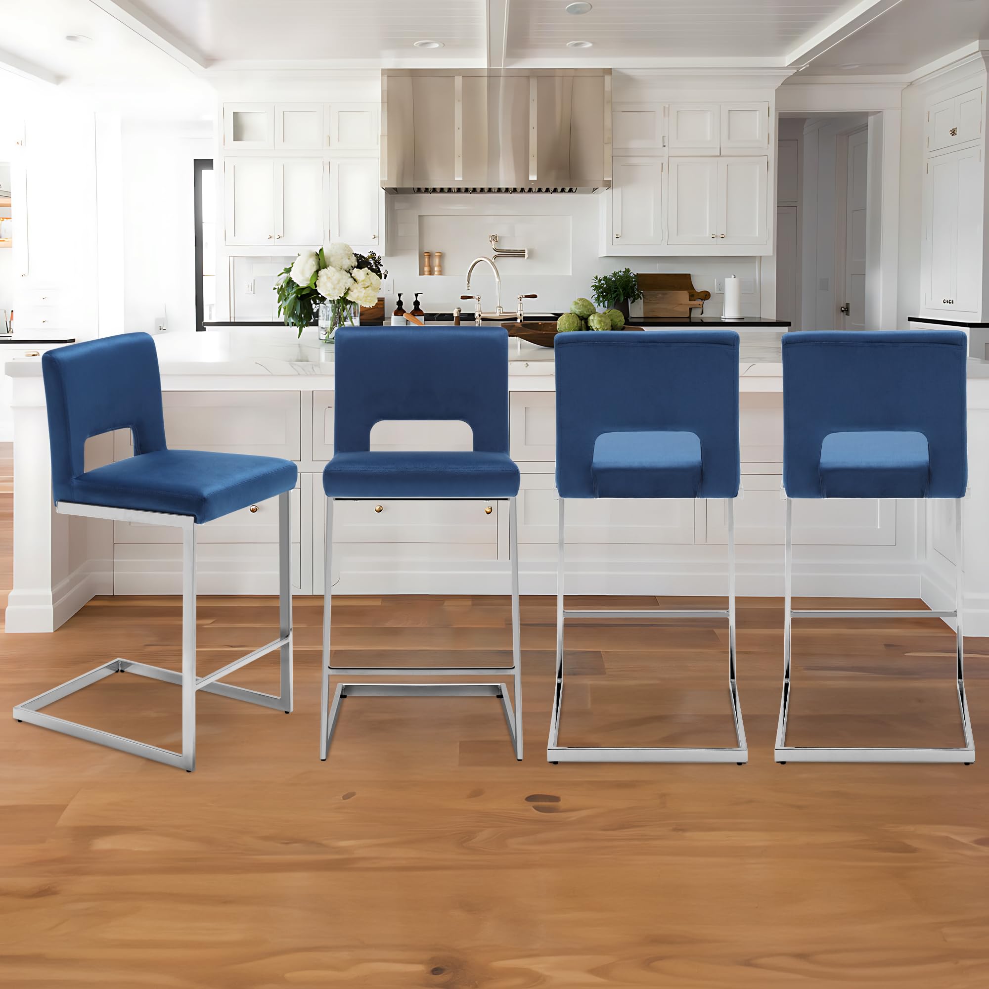 Bekrvio Counter Height Bar Stools Set of 4, 26" H Modern Velvet Barstools with Hollow Back and Chrome Metal Frame, Upholstered Counter Stools Bar