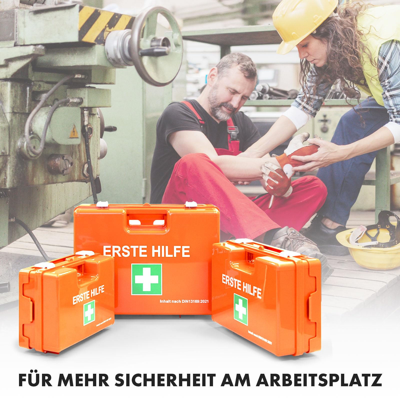 KARAT Trousse de Premiers Secours Moyenne DIN 13169 pour Entreprise & Domicile - Kit de Secours Complet avec Support Mural pour Bureaux Restauration, Capacité jusqu'à 100 Personnes (32 x 22 x 13 cm)