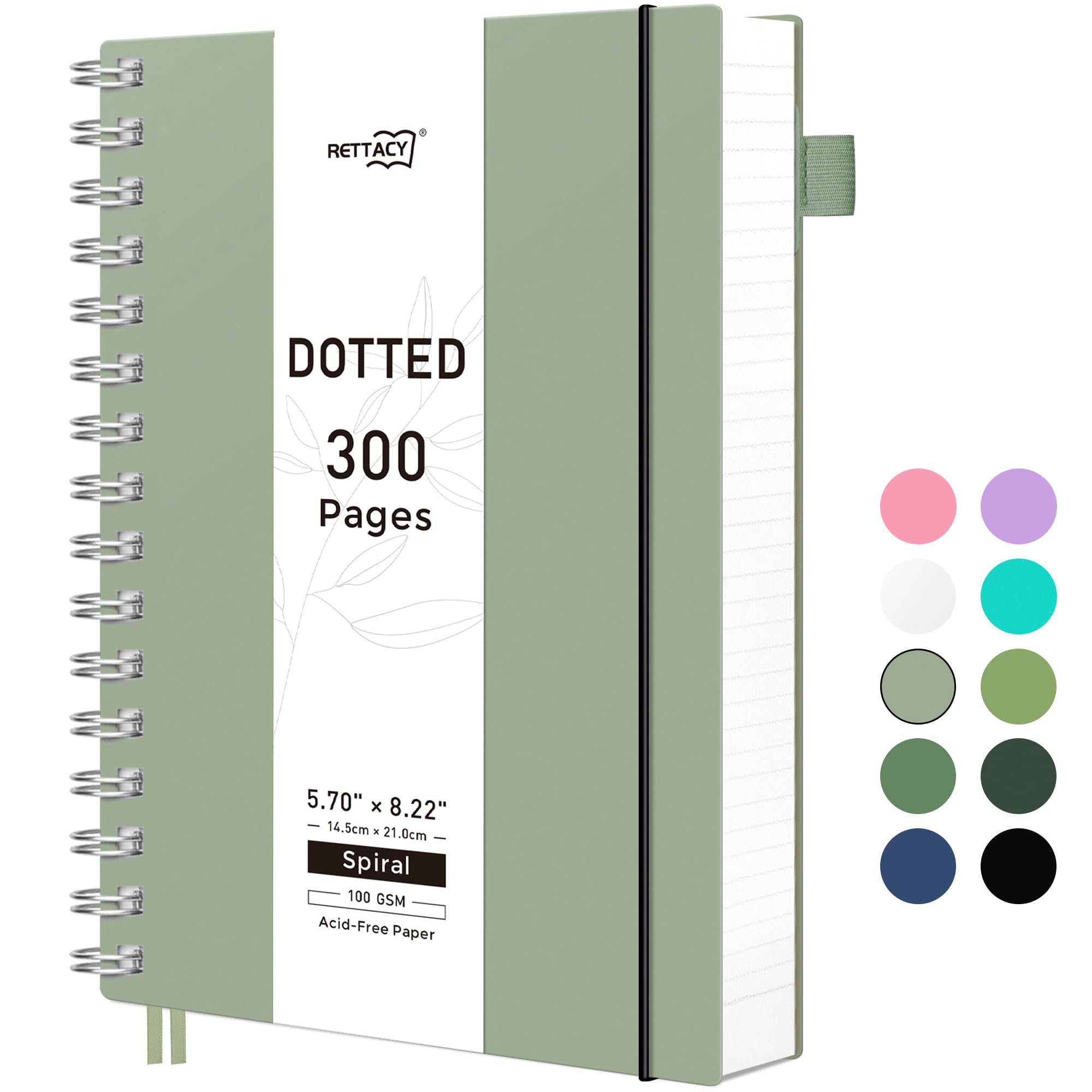 RETTACY Bullet Dotted Journal Notebook, 300 Pages, A5 Medium Size (5.7'' × 8.2''), 100 GSM Thick Paper, Flexible Plastic Cover, Spiral-bound, for Bullet Journaling, Planning, Tracking (Sage Green)