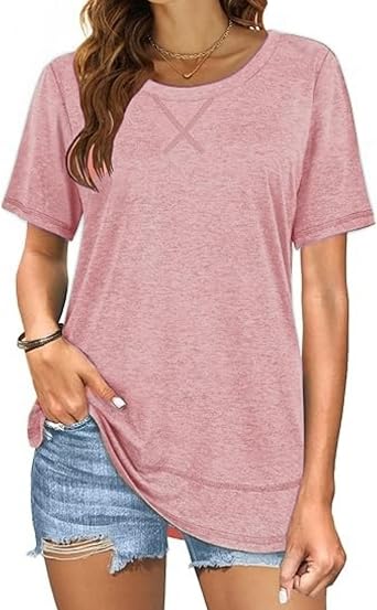 Beimuc Summer Tops for Women Short Sleeve Crewneck Tshirts Side Split Loose Fit Tunic Pink