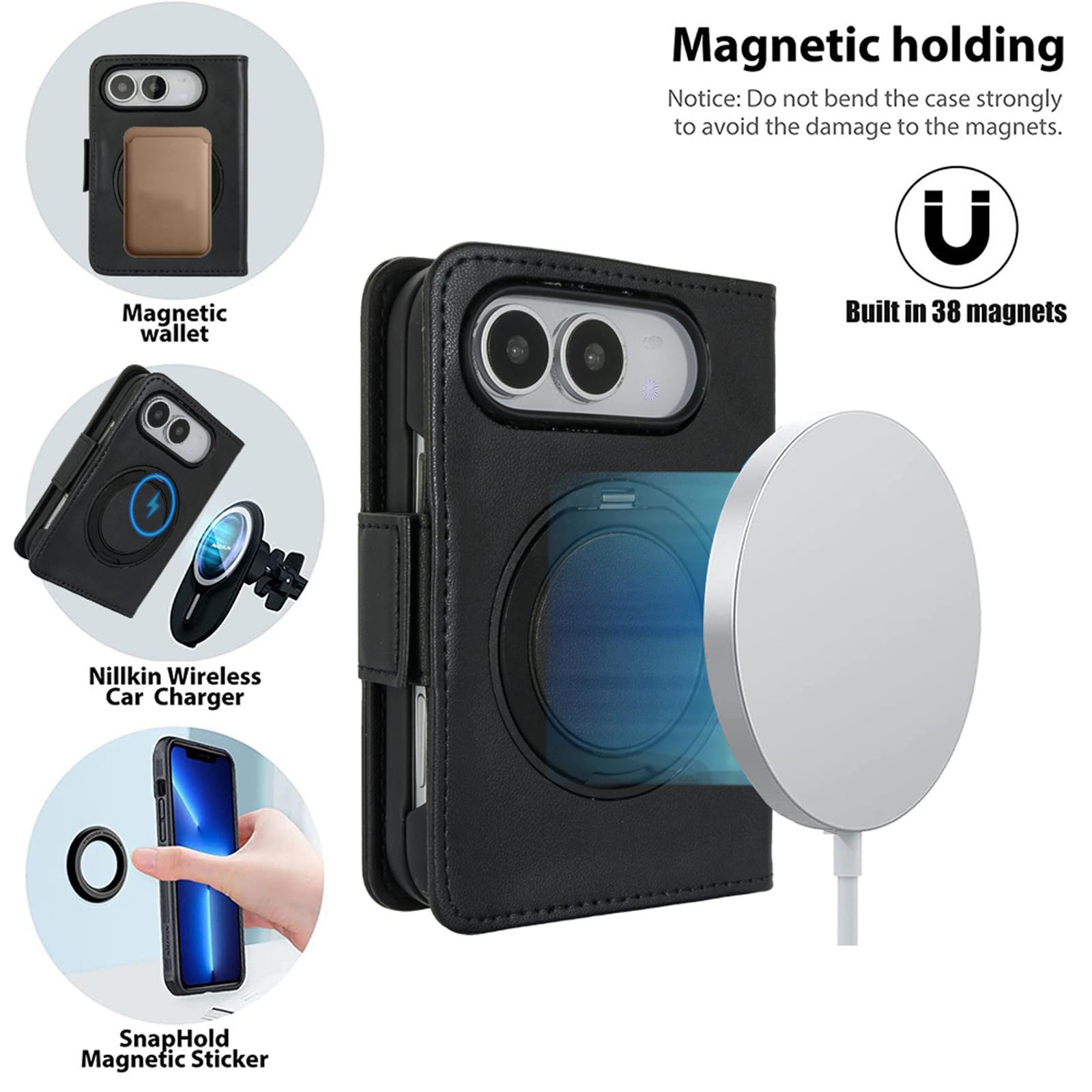 Custodia a portafoglio ultra pieghevole per telefono, con supporto, compatibile con MagSafe, cavalletto integrato, protezione per lo schermo e cerniera, in pelle con struttura in fibra di