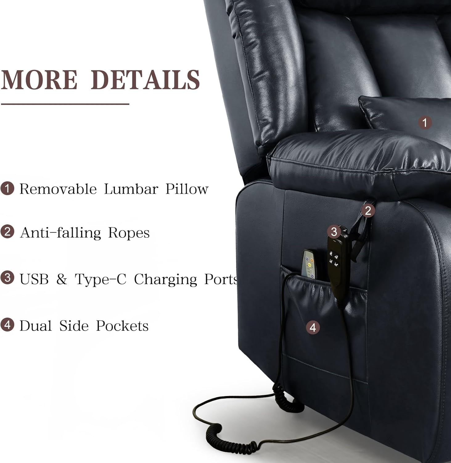 Infinite Position Lay Flat Lift Recliner Chair for Adults, Dual Motor Power Lift Chair for Elderly with Massage & Heating, USB Ports, Remote Control & Lumbar Pillow, Leather (Dark Blue)