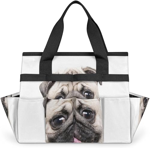 Animal Dog Pug Garden Tool Tote Bag for Women Men Gardening Tool Storage Bags with 10 Pockets Standable Garden Home Tool Kits Organizer for Indoor