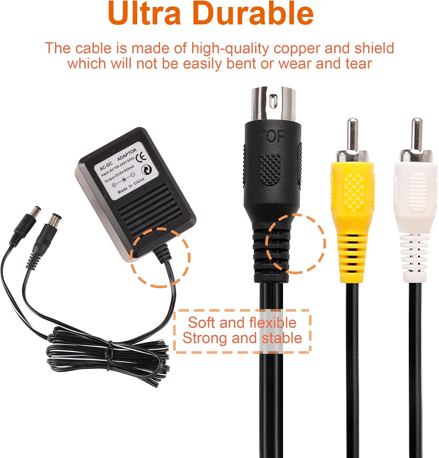 Power Supply and AV Cable for Genesis 1, AC Power Cord and Audio Video RCA AV Cable Compatible with SEGA Genesis 1 Console Bundle Set, ONLY Original MK1601 First 16 Bit Version