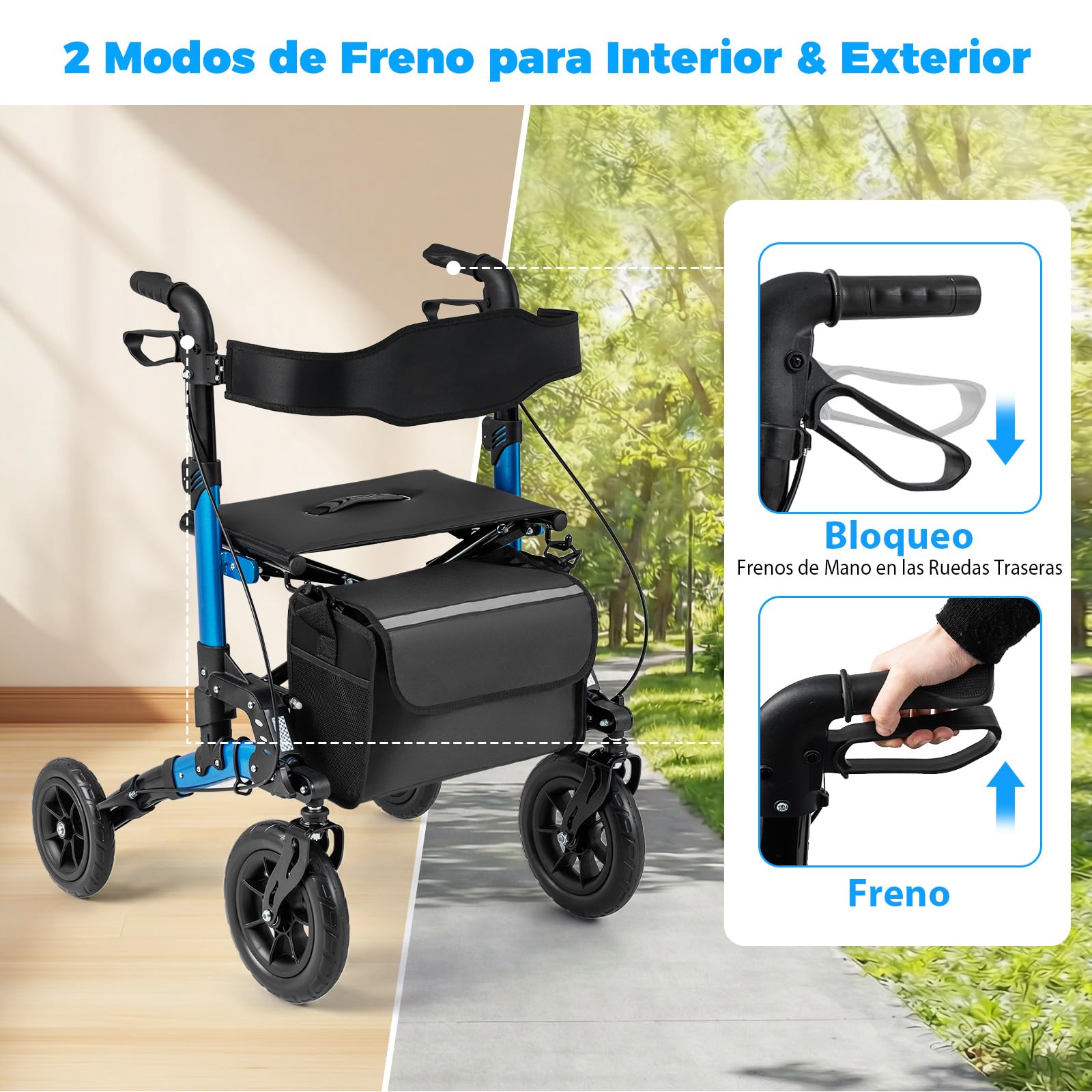 COSTWAY 2 en 1 Andador para Ancianos Plegable, Andadores Adultos con Asiento, Respaldo, Suspensión de Muelles, Soporte para Bastón, Almacenamiento, Caminadores para Mayores con 4 Ruedas (azul)