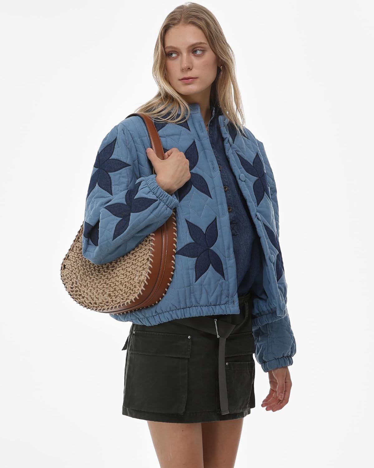 Gacaky Women's Lightweight Floral Embroidered Cropped Quilted Jacket Winter Warm Button Down Puffer Jacket Coat with Pockets - Image 5