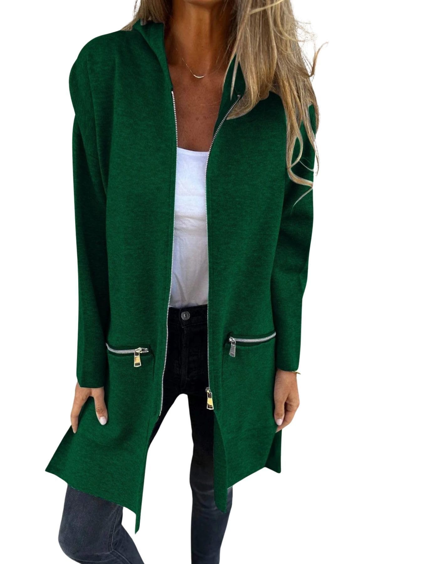 HOTYD Hooded Zip Up Jackets for Women Side Slit Solid Color Long Sleeve Long Trench Coat with Pockets
