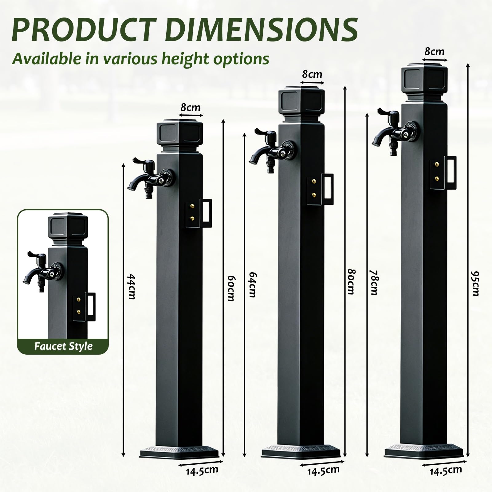Poste de grifo exterior independiente moderno, columna de agua de jardín de acero inoxidable negro, grifo exterior a prueba de congelación para patio, trasero y césped(B,Height: 60cm/23.6in)