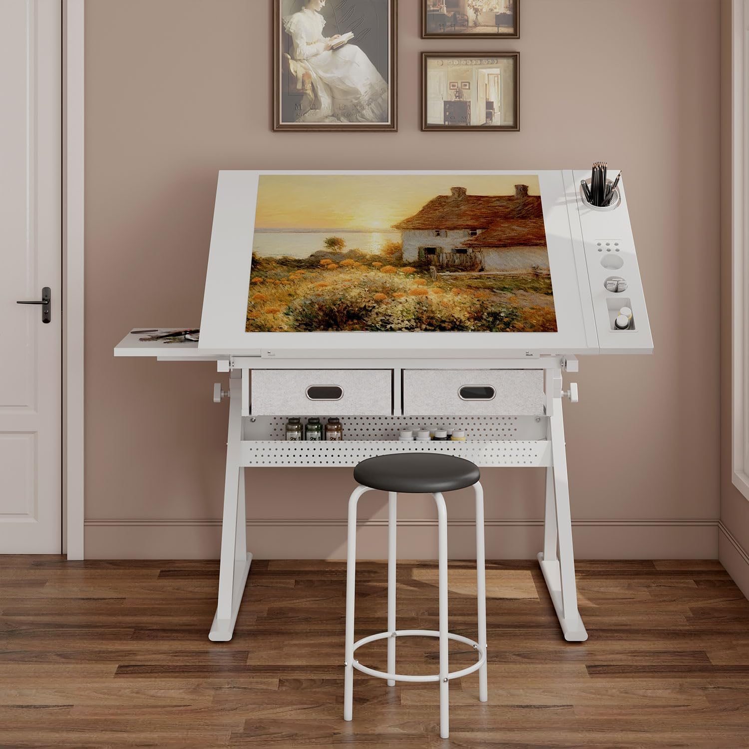 Adjustable Drafting Table Desk with Stool, Height Adjustable Art Desk with Tilted Tabletop 0–75 Degree, Drawing Desk with 2 Storage Drawers and Side Tray for Home Office School Studio,White
