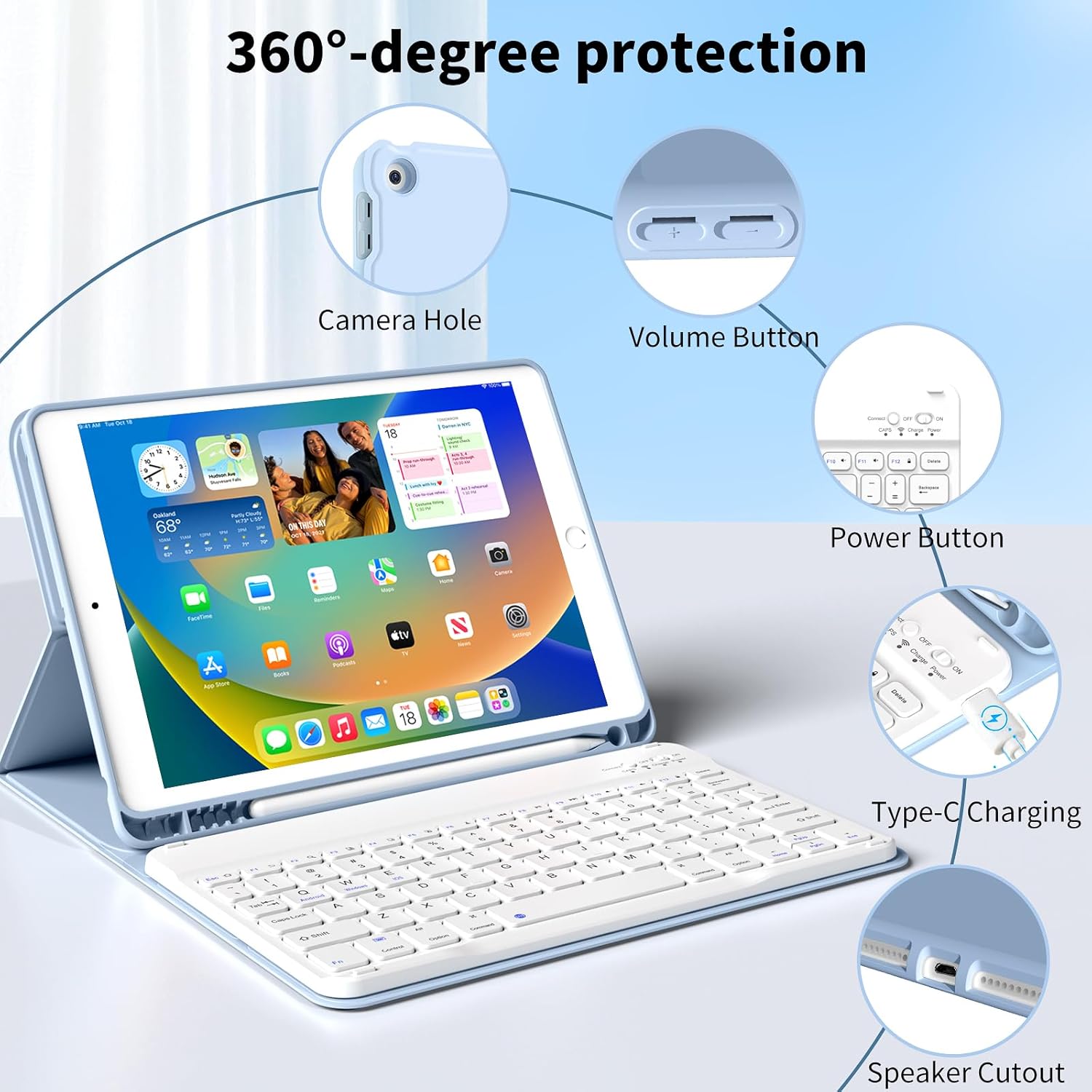 Keyboard Case for iPad 9th/8th/7th Generation (10.2 Inch, 2021/2020/2019), Smart Magnetic Detachable Wireless Bluetooth Keyboard, Folio Stand Cover with Pencil Holder, Sky Blue