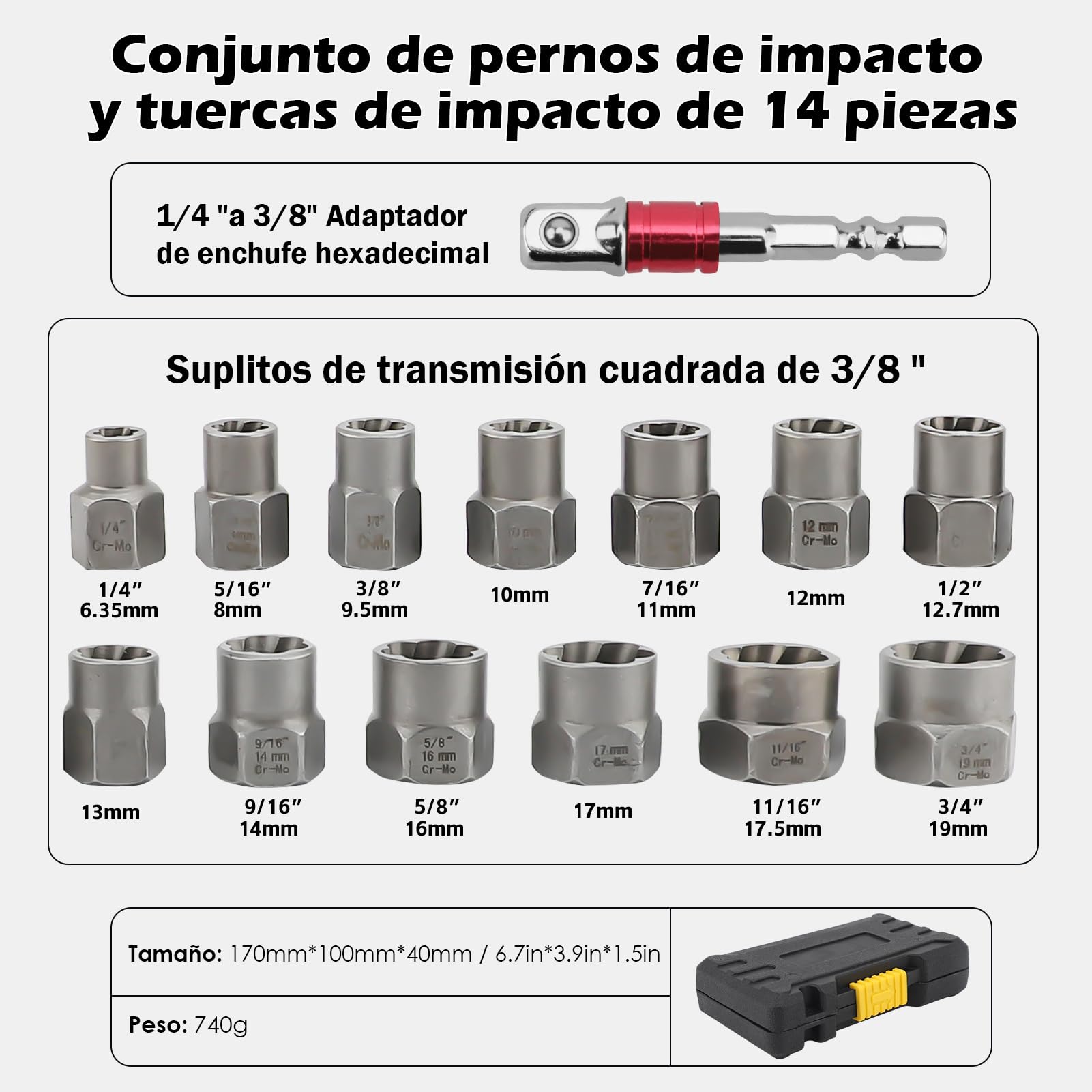 Juego de Extractores de Pernos, Herramienta de Extracción de Tuercas de Rueda de Bloqueo de 14 Piezas, Juego de Llaves de Vaso Extractor de Pernos Pelados, Juego de (Color de la