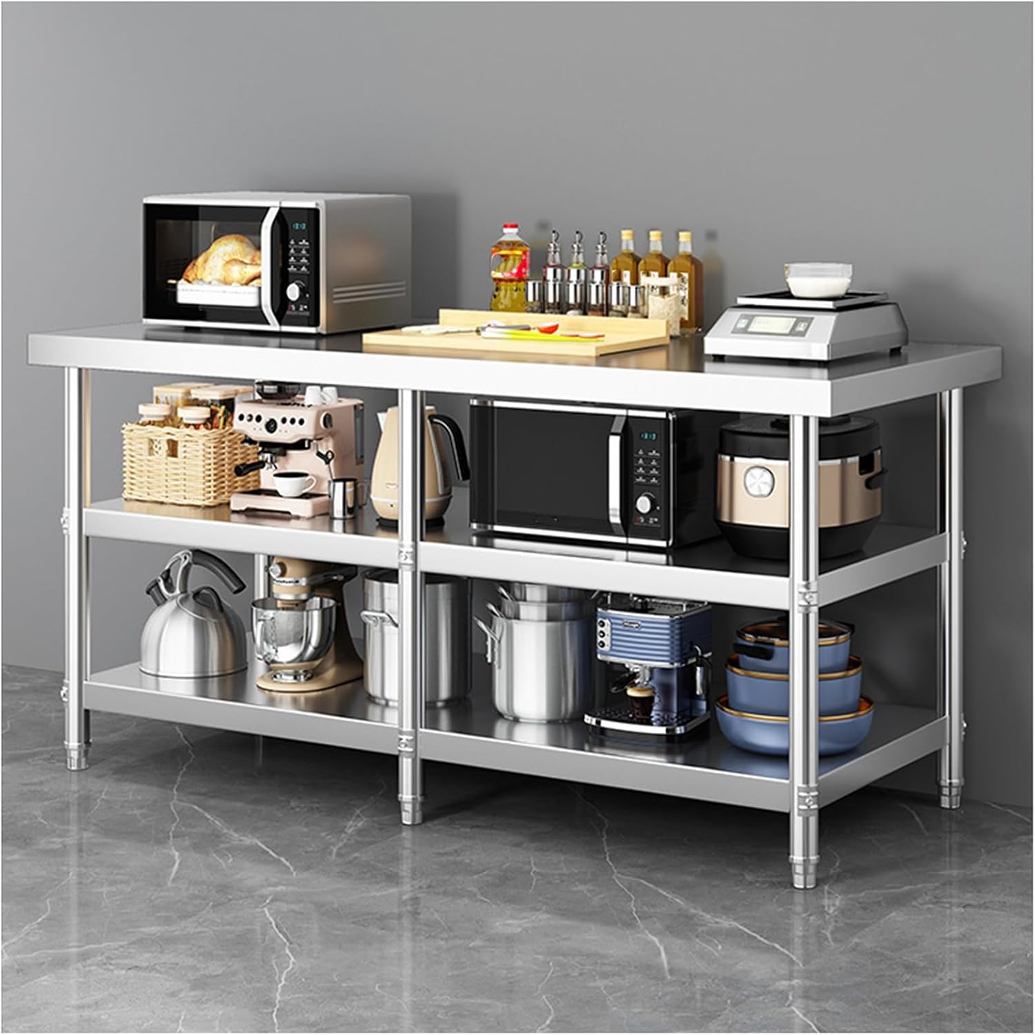 3-Layer Thickened Stainless Steel Workbench Kitchen Countertop with Brushed Stainless Steel Superficial Adjustable Leg Height Multiple