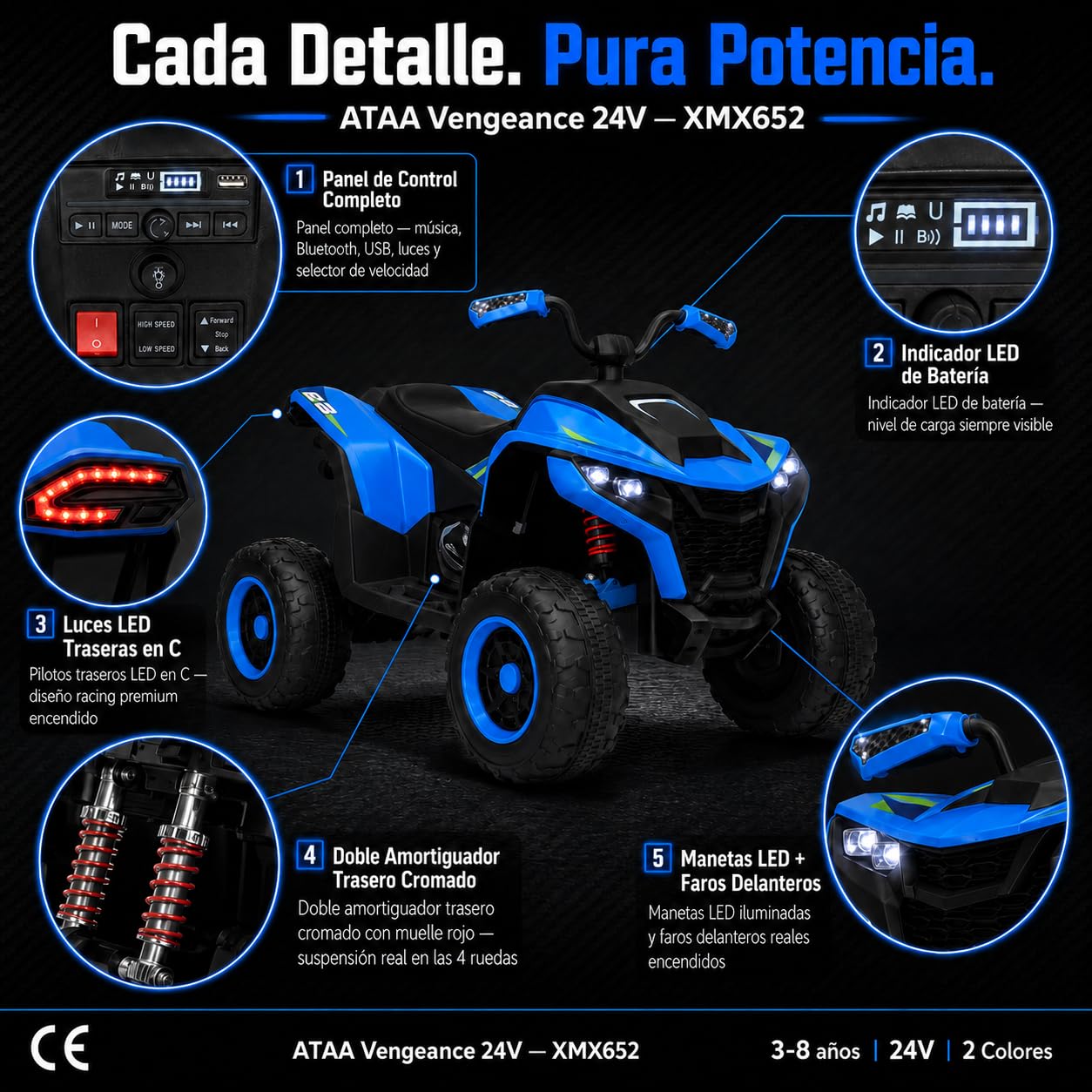 Quad elettrico per bambini 24 V ATAA Vengeance blu moto a batteria per bambini con telecomando luci LED musica e Bluetooth