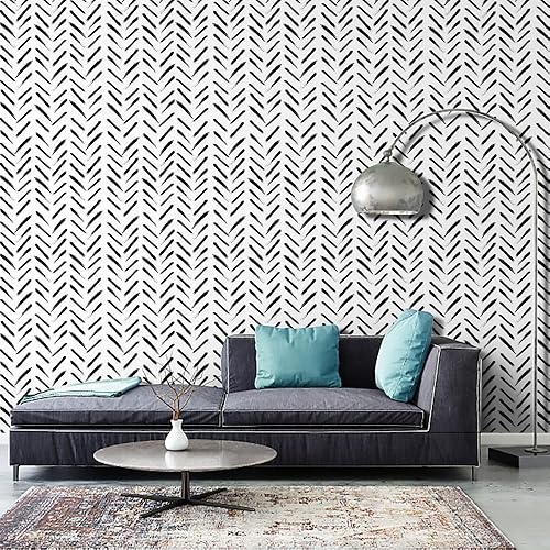 Miniatura 3 de Papel tapiz geométrico blanco y negro de 17.71 pulgadas x 472 pulgadas, papel de contacto a rayas, papel tapiz geométrico moderno, autoadhesivo,