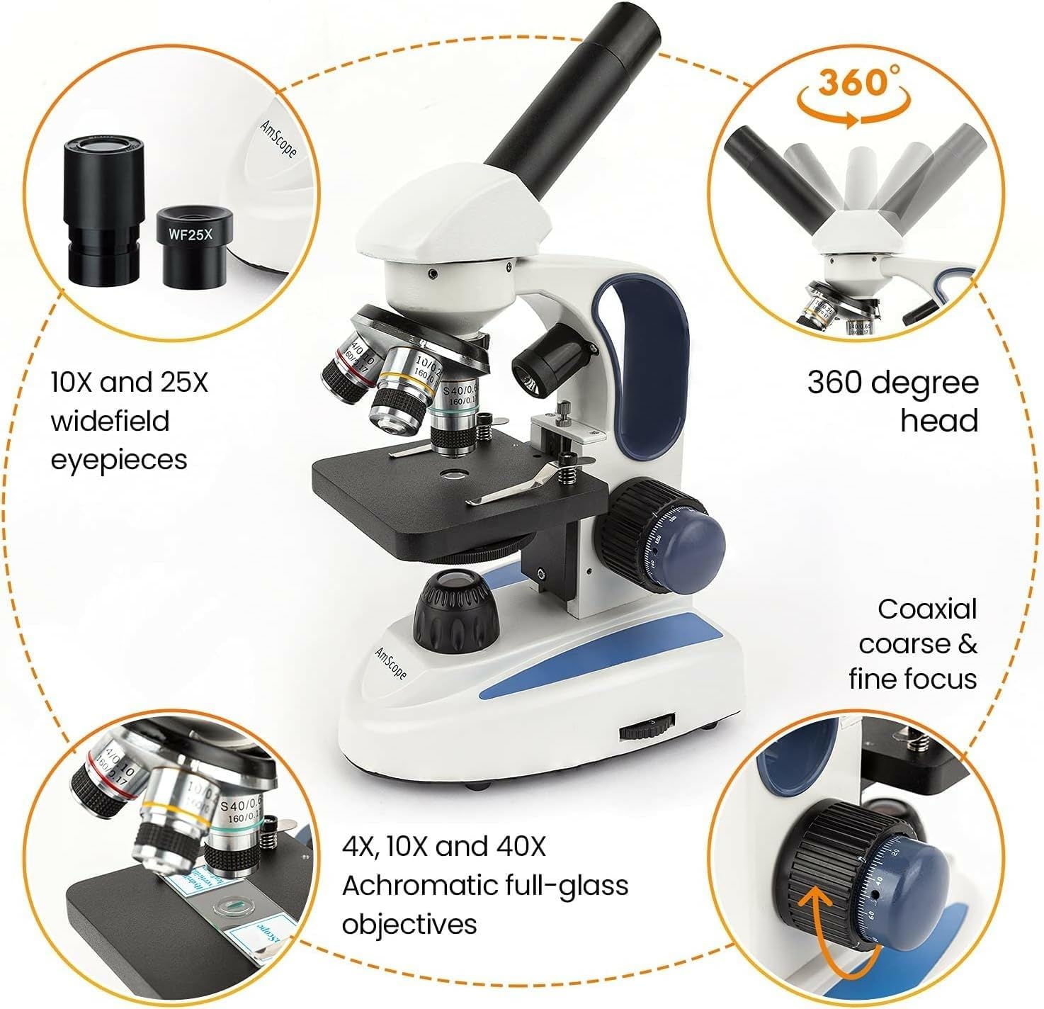 AmScope M158C-2L-E1 Digital Cordless Compound Monocular Microscope, WF10x and WF25x Eyepieces, 40x-1000x Magnification, Upper and Lower LED Illumination with Rheostat, Brightfield, Single-Lens Condenser, Coaxial Coarse and Fine Focus, Plain Stage, 110V or Battery-Powered, Includes 1.3MP Camera and Software