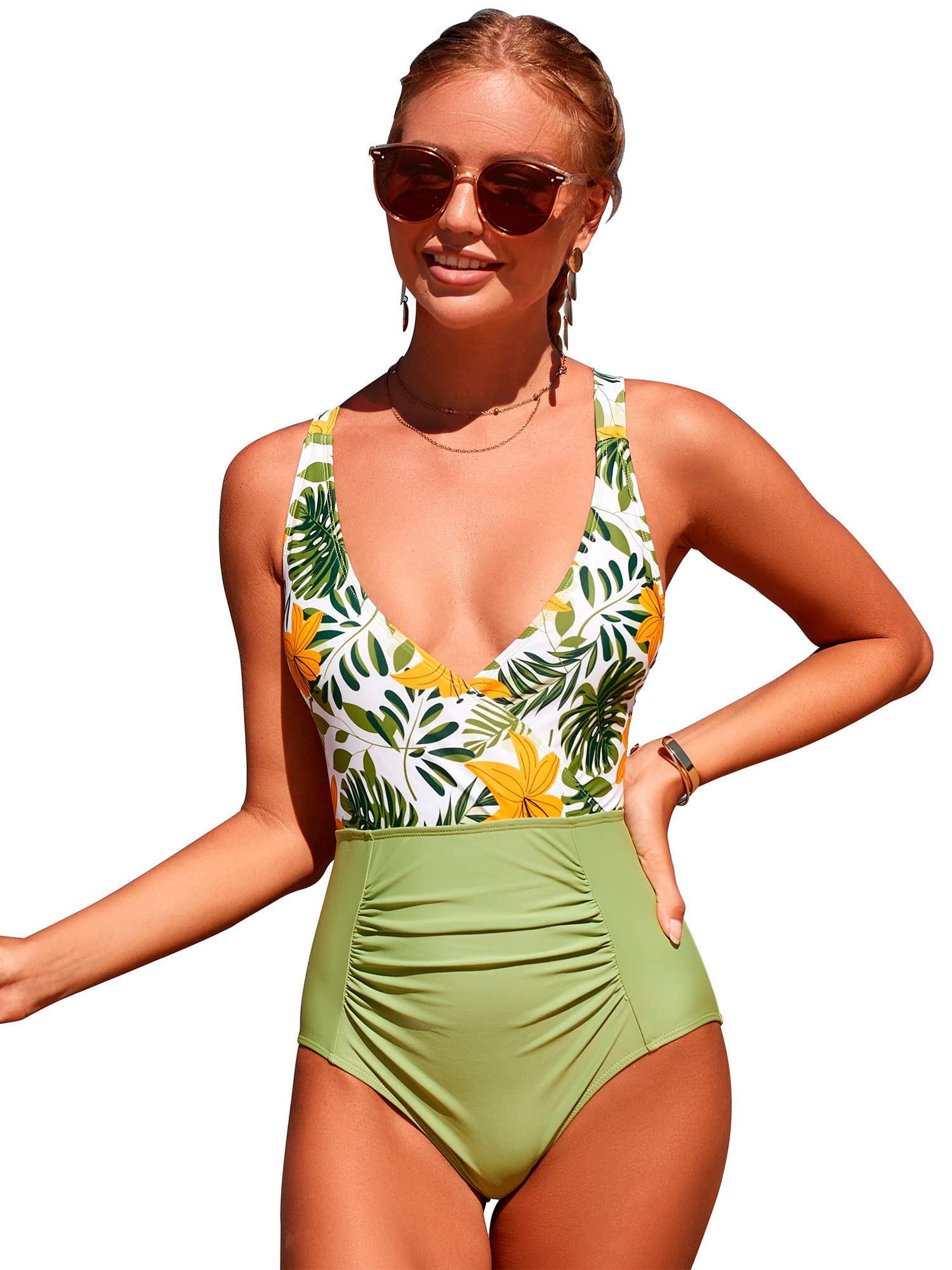 Tofern Women V Neck One Piece Swimsuit Lace Up Back and Ruched Tummy Control Vintage Sexy Monokini, Womens Bathing Suit