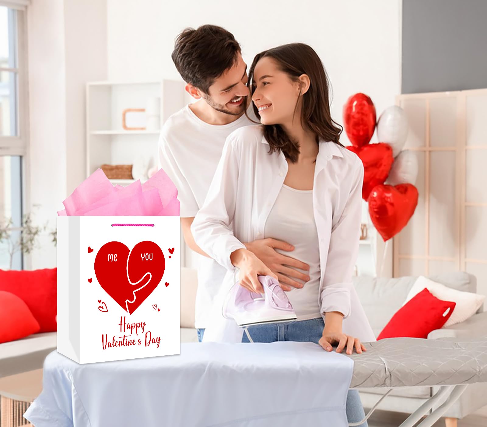 13 Inch Valentine's Day Gift Bags With Tissue Paper - Heart Design Goodie Bags With Handles