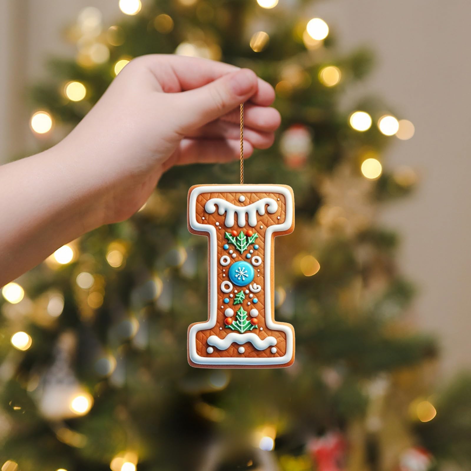 Corlidea A-Z 26 Gingerbread Alphabet Ornaments for Christmas Tree Decorations, Candy Cane Initial Letter Xmas Pendant with Berries Pattern, Christmas Tree Hanging Ornaments DIY for Home Party Decor