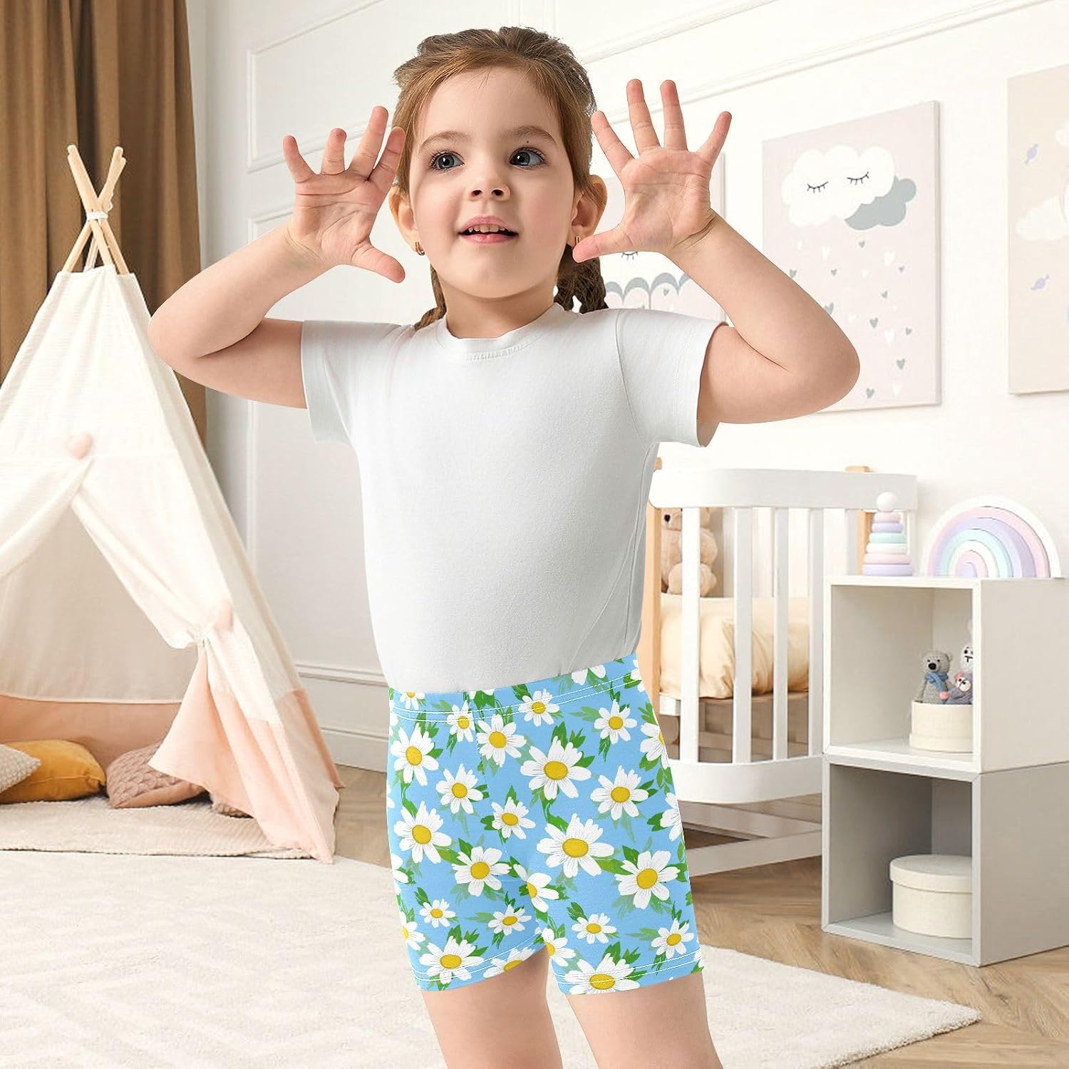 Leaves White Floral Girls Bike Shorts Toddler Soft Cotton Active Under Dress Shorts
