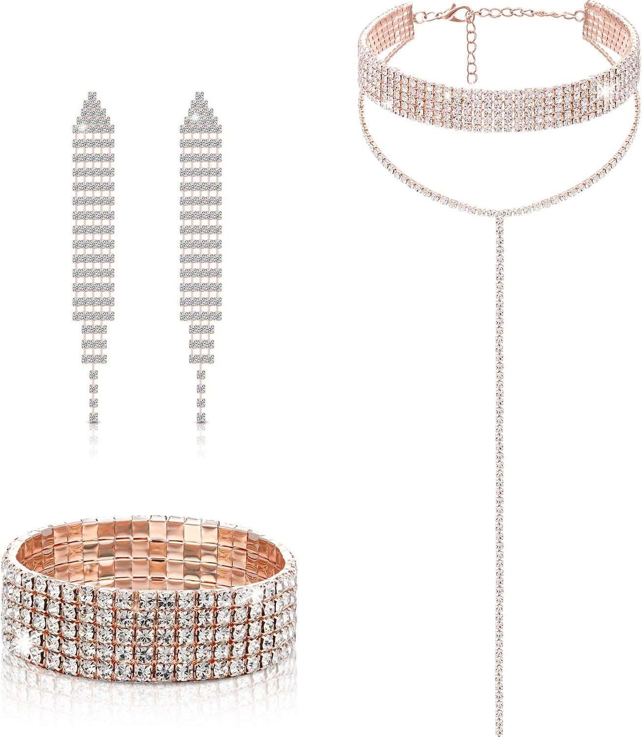 Hicarer 3 Pcs Rhinestone Tassel Jewelry Set, Long Diamond Necklace Stretch Bracelet Tassel Choker Chandelier Dangle Earrings Plated Gothic Long Choker Necklaces(Rose Gold)