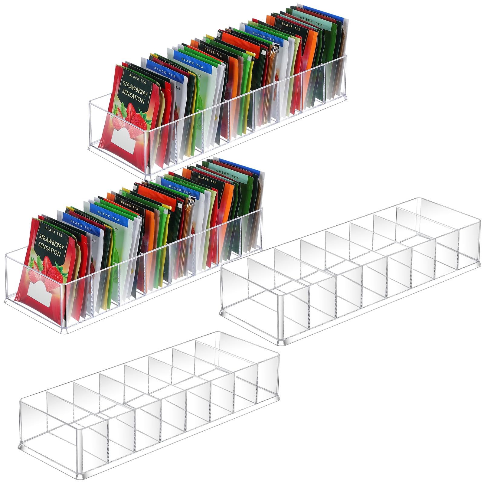 Cinnvoice 4 Pcs Tea Bag Storage Acrylic Clear Tea Drawer Organizer for Drawers, Kitchen, Cabinets, Pantry, Countertops Tea Organizer