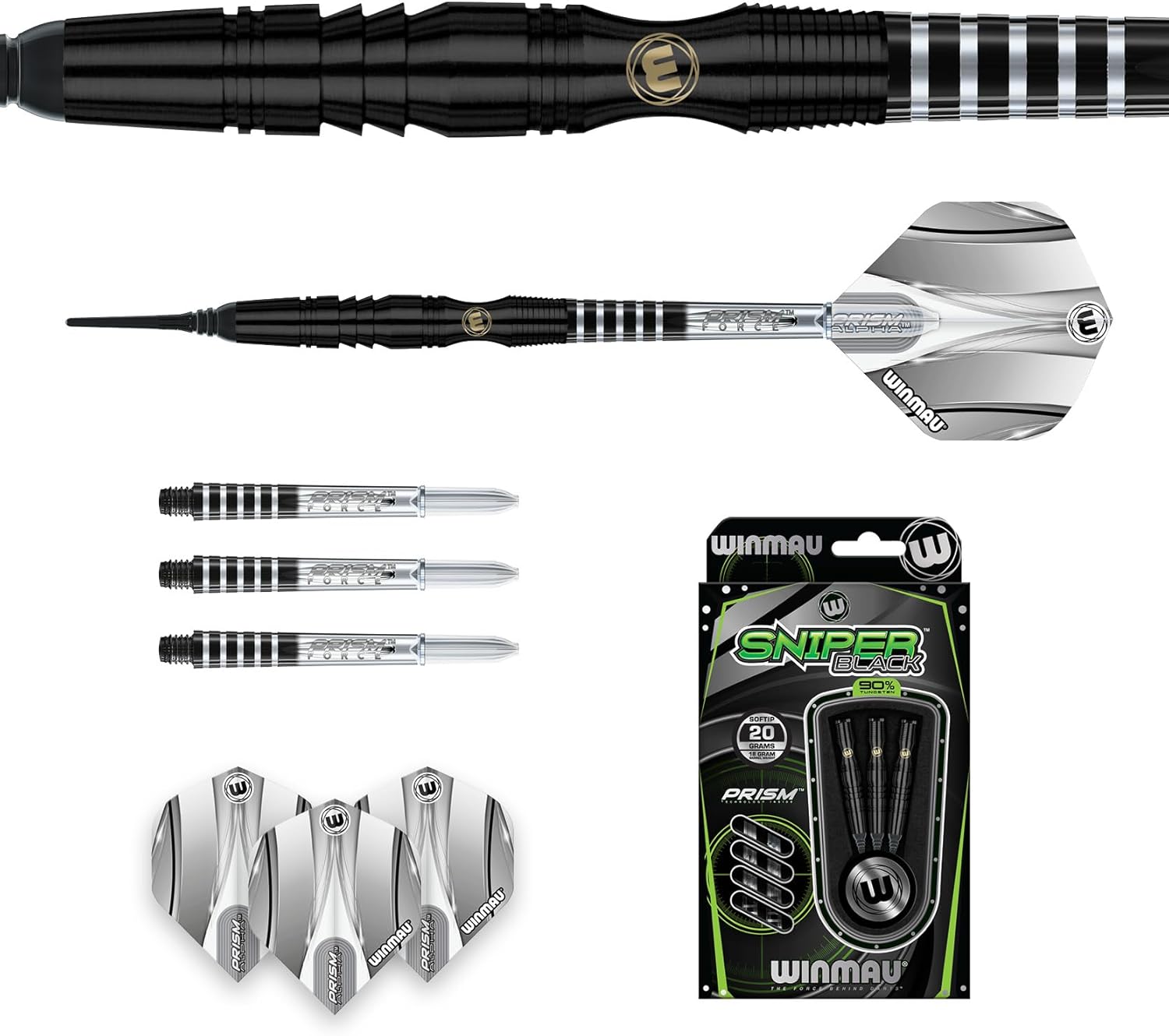 Winmau Sniper Black Professional Tungsten Darts Set with Flights and Stems (Shafts)