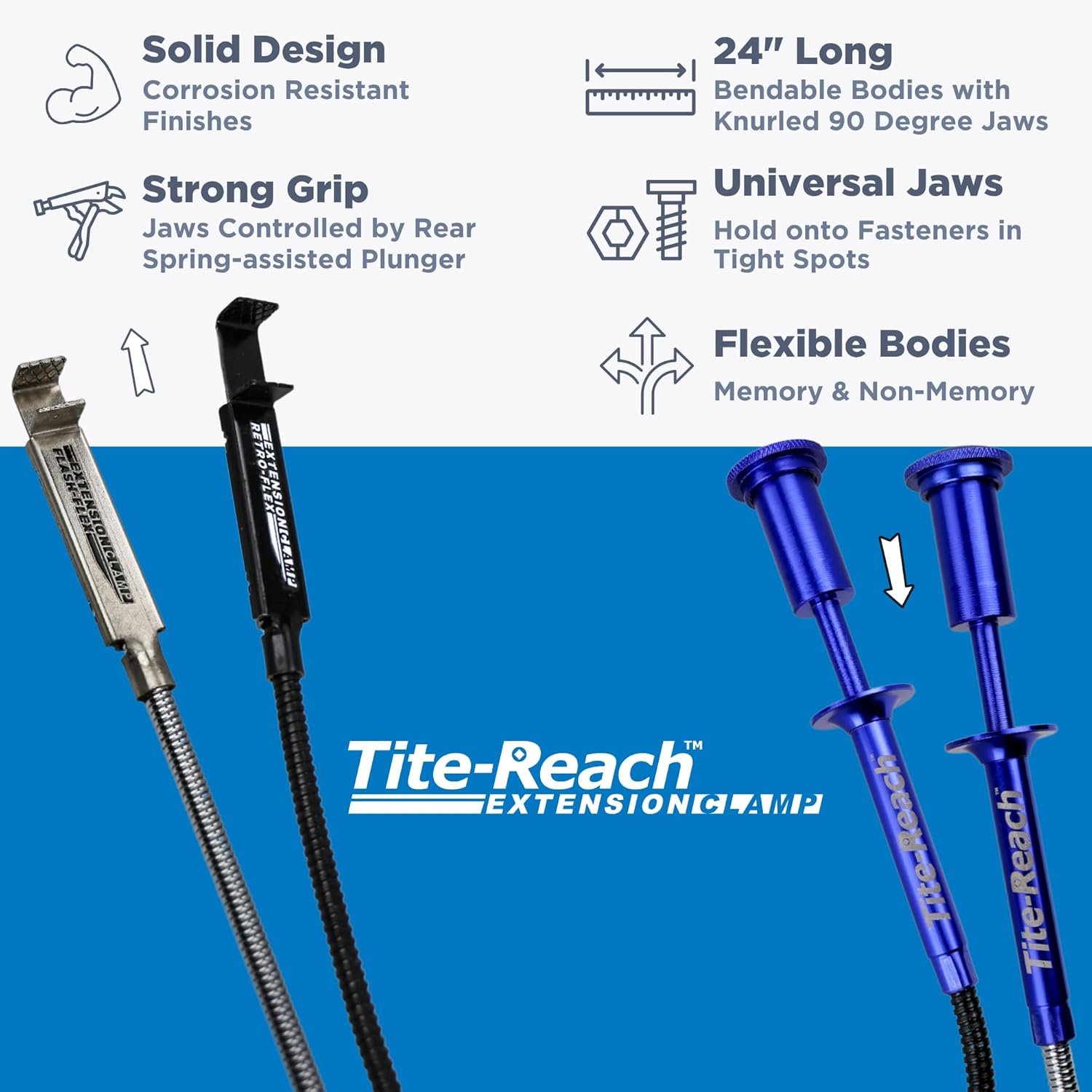 TITE-REACH Flexible Extension Clamp Combo Pack – Retro-Flex (Memory-Flex) & Flash-Flex (Spring-Back) Mini Vise Tools, 24" Nut & Bolt Holders for Tight Space Retrieval