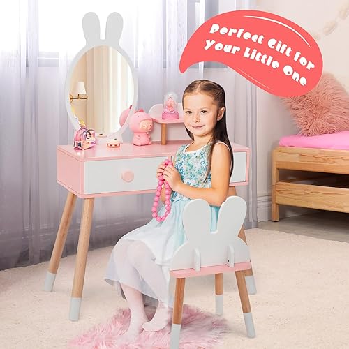 Miniatura 26 de HONEY JOY Juego de mesa y silla de maquillaje de madera con temática de conejo para niños pequeños con 2 cajones grandes, patas de madera de haya,