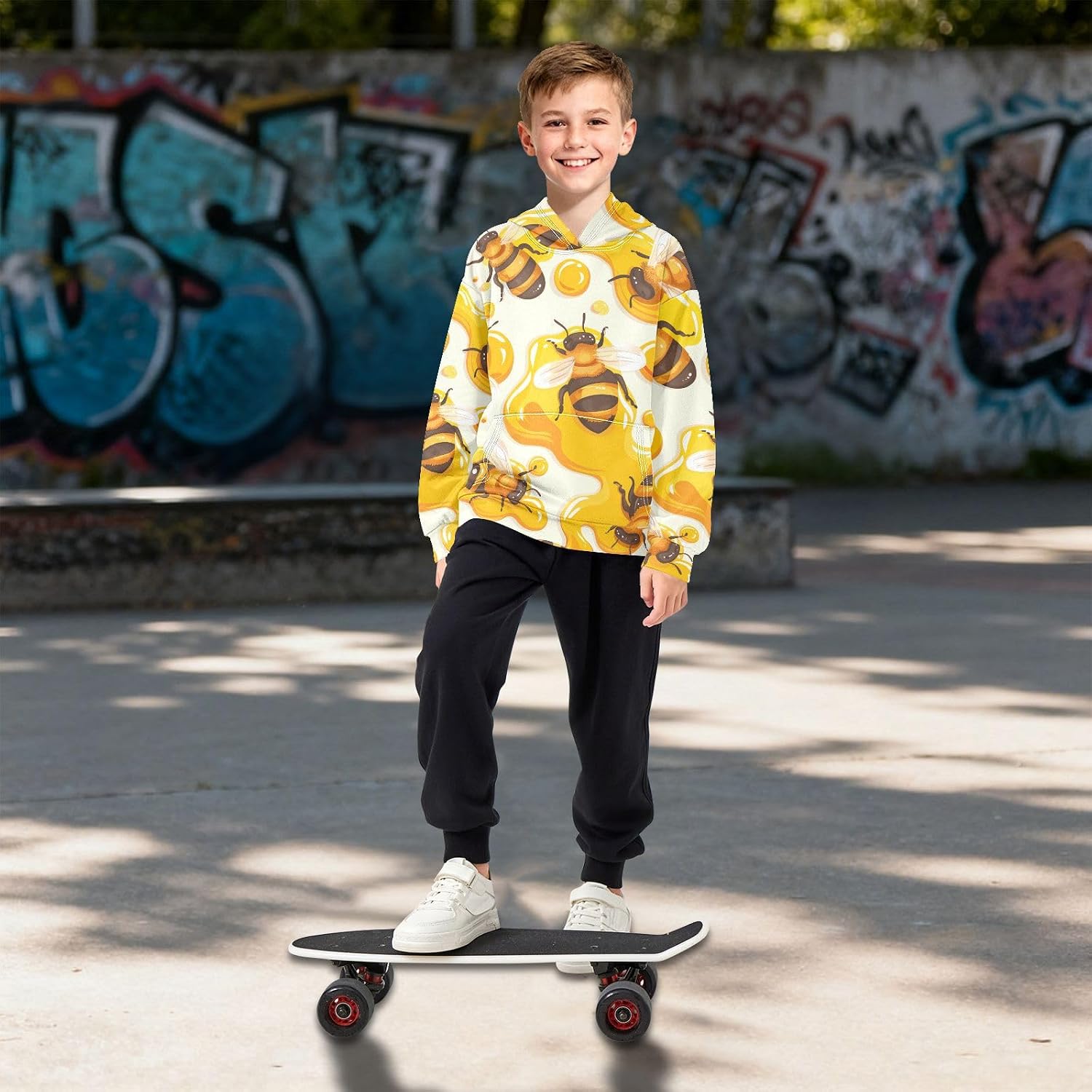 ZZXXB Bee Honey Print Kids Sweatshirts Boys Girls Hooded Kangaroo Pocket Pullover Tops XS-XXL