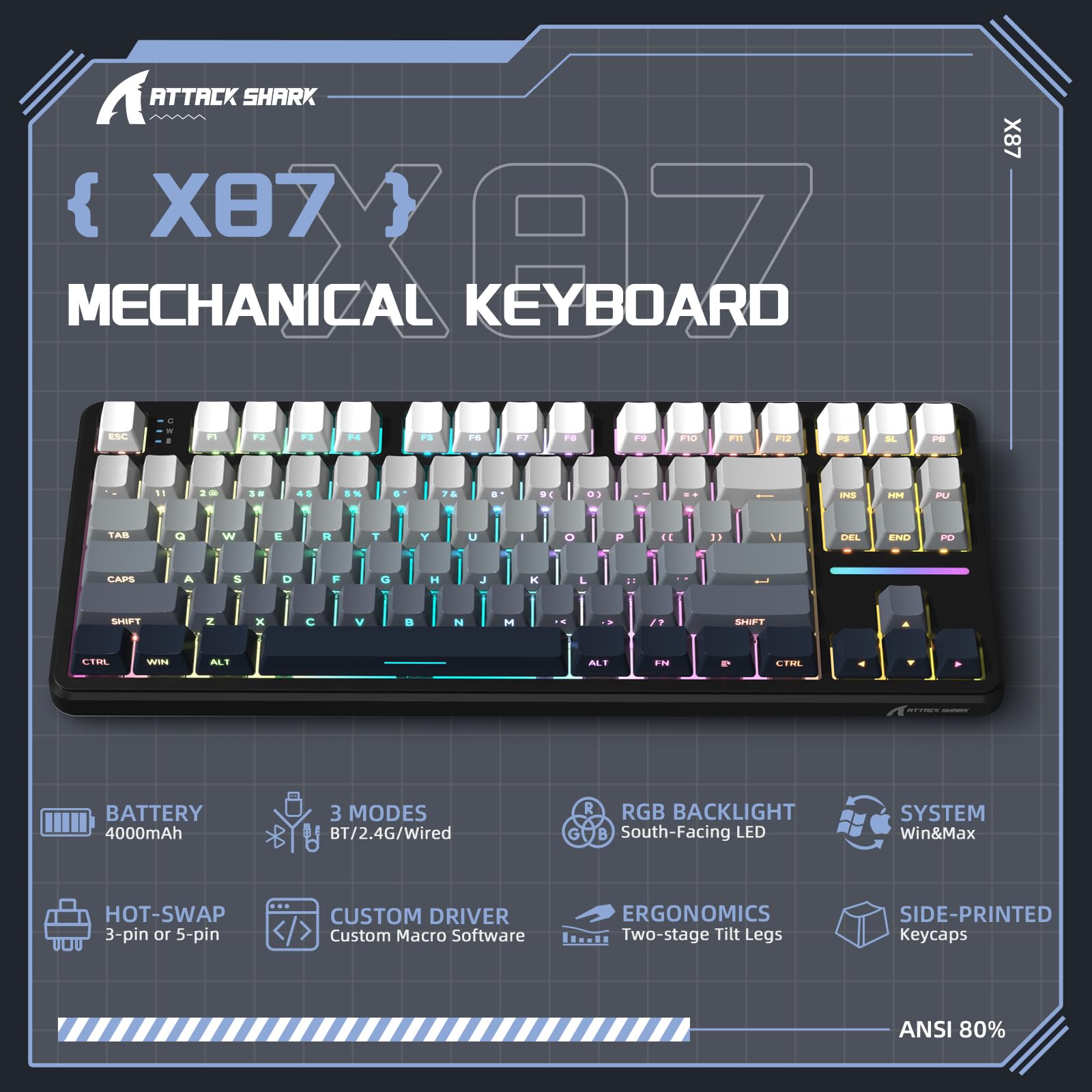 LexonElec X ATTACK SHARK X87 Tastiera Meccanica Wireless, Tri-Mode-BT/2.4G/Cablato, Sostituibile a Caldo, Interruttore lineare, Tasto PBT Stampato Lateralmente, Guarnizione, Tastiera RGB (Bianco Nero)
